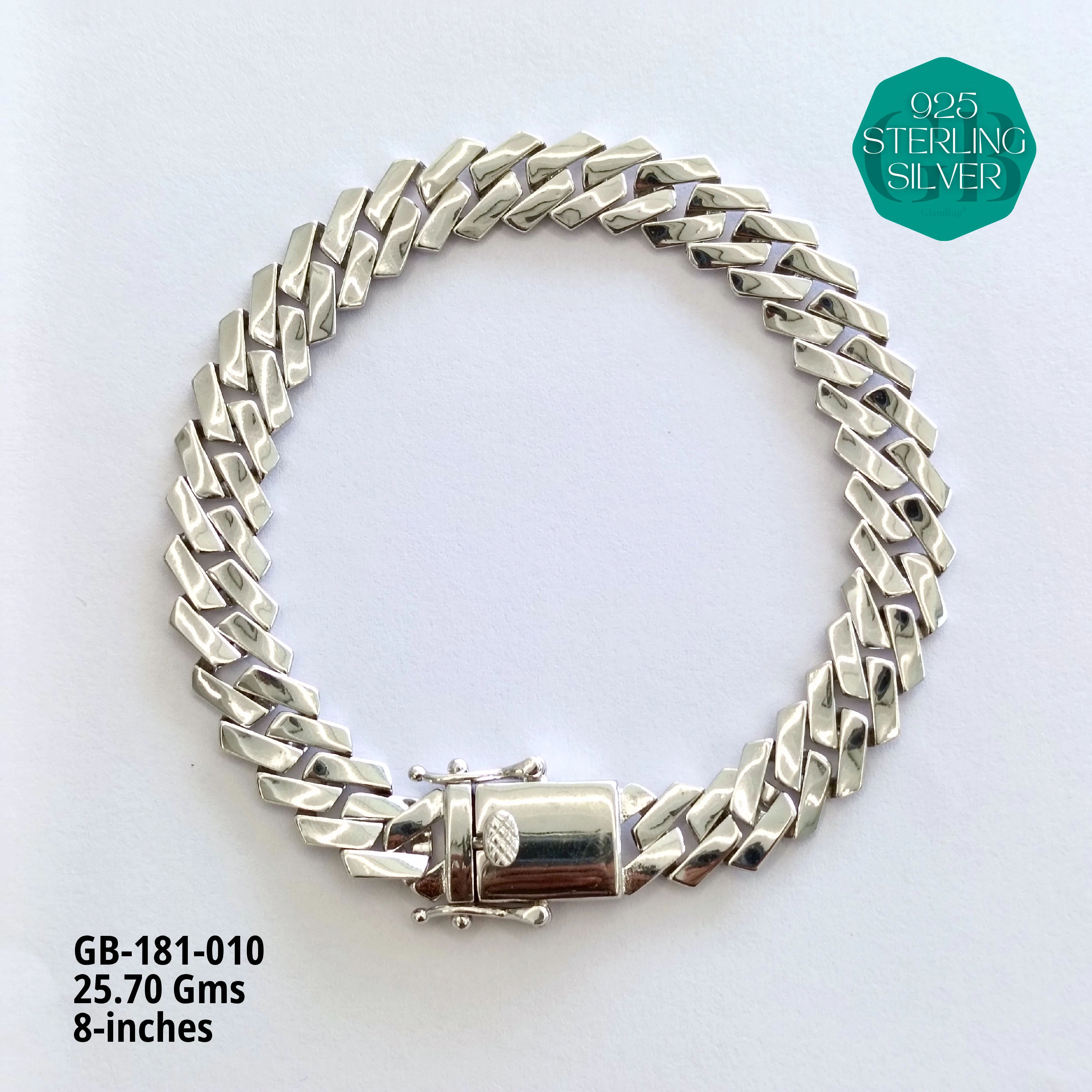 RHODIUM CUBAN BRACELETS - NON-STUDDED - Premium 925 Silver Jewellery - SKU: GB-181-010 - Hyderabad Silver Importers
