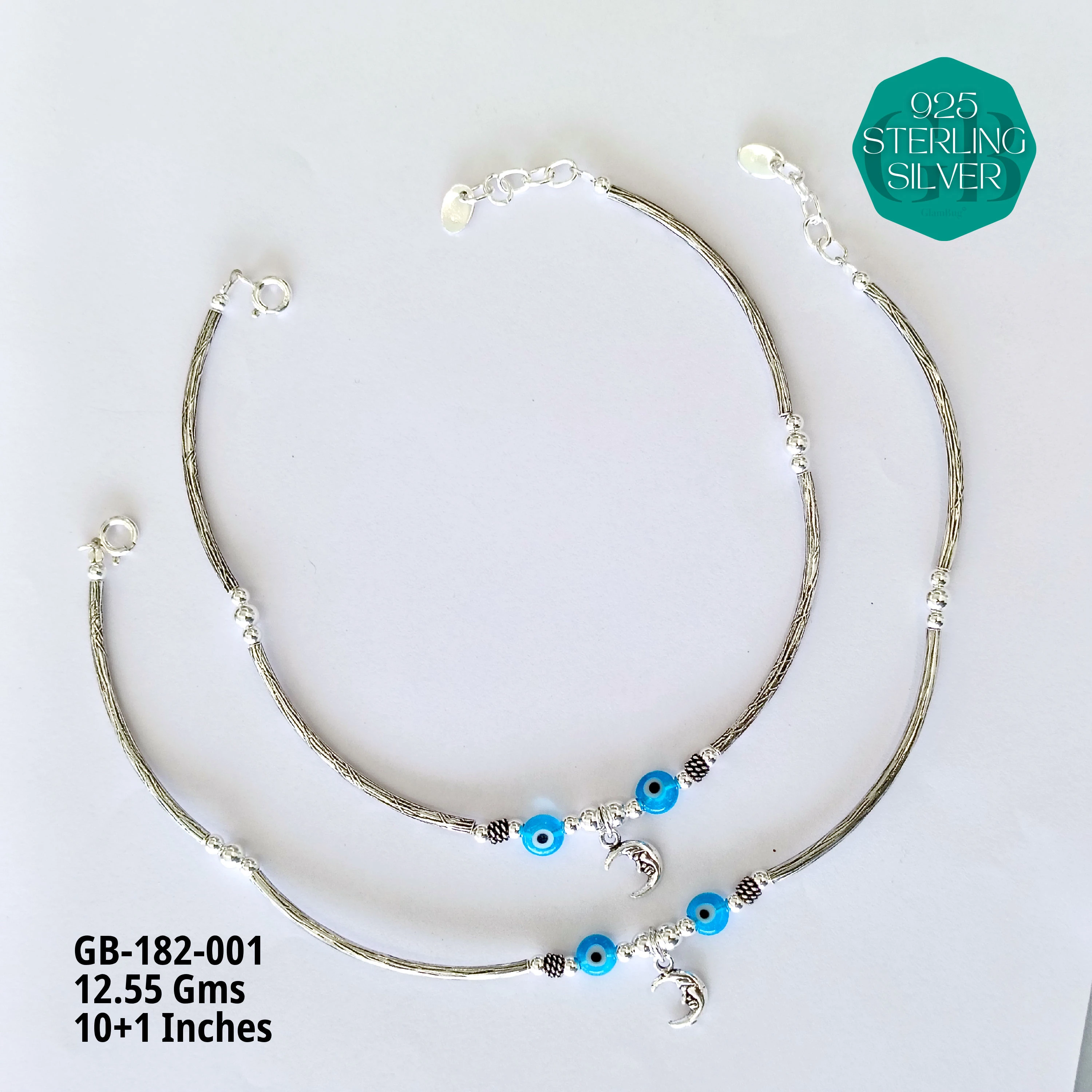 EVIL-EYE PIPE ANKLETS - Premium 925 Silver Jewellery - SKU: GB-182-001 - Hyderabad Silver Importers