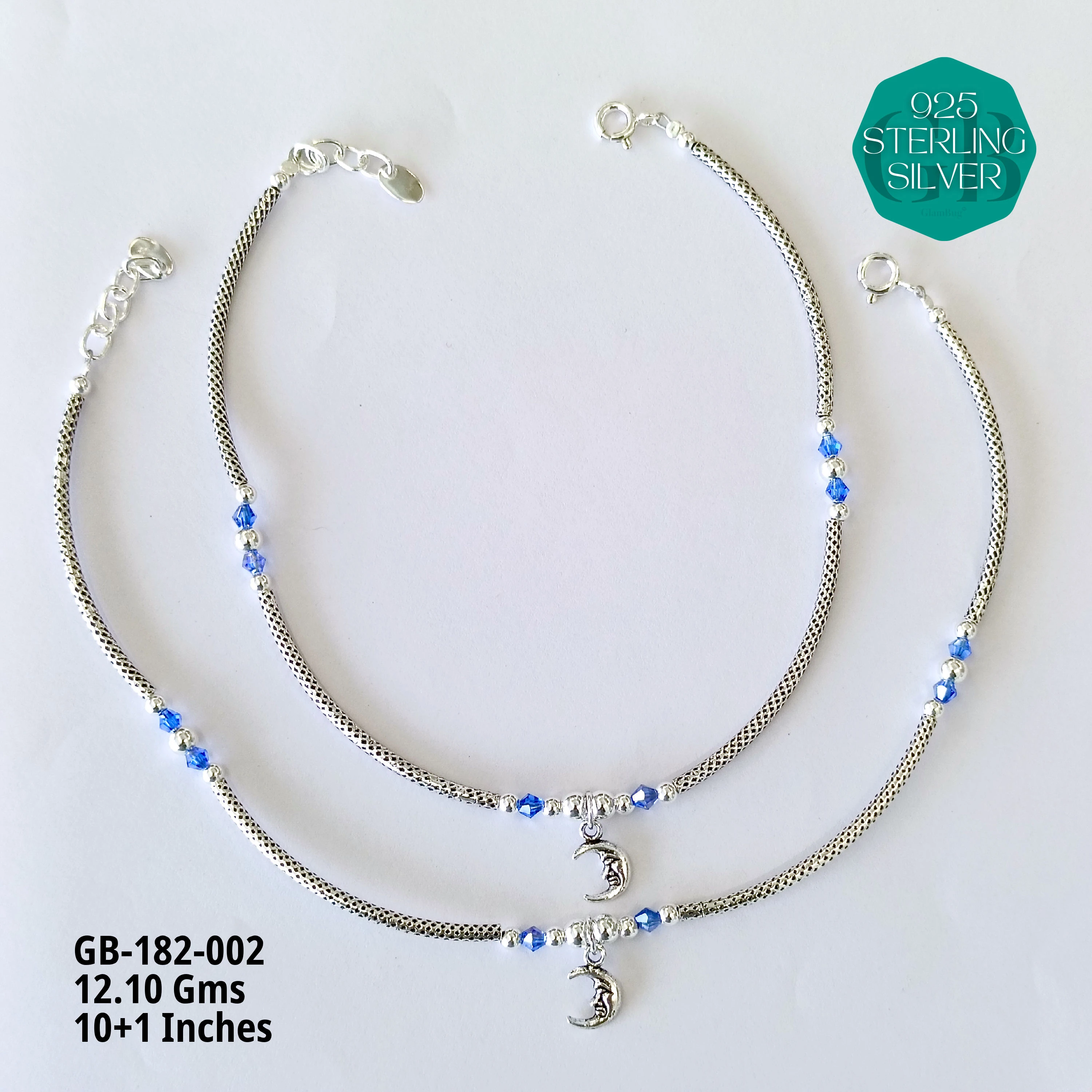 EVIL-EYE PIPE ANKLETS - Premium 925 Silver Jewellery - SKU: GB-182-002 - Hyderabad Silver Importers