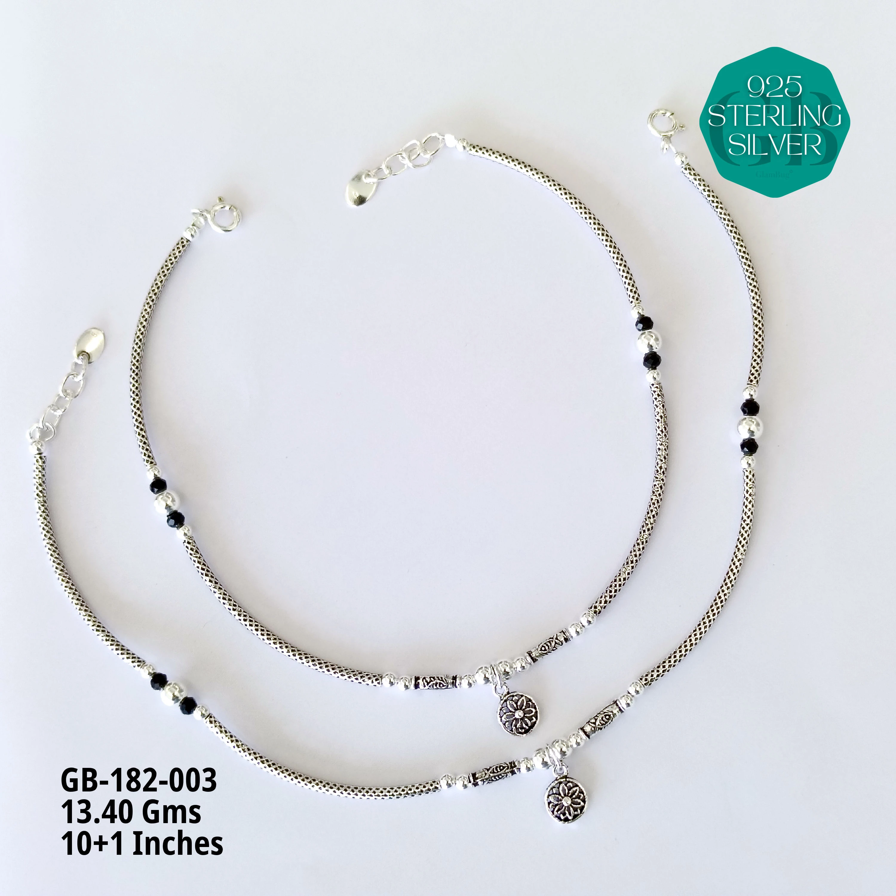 EVIL-EYE PIPE ANKLETS - Premium 925 Silver Jewellery - SKU: GB-182-003 - Hyderabad Silver Importers