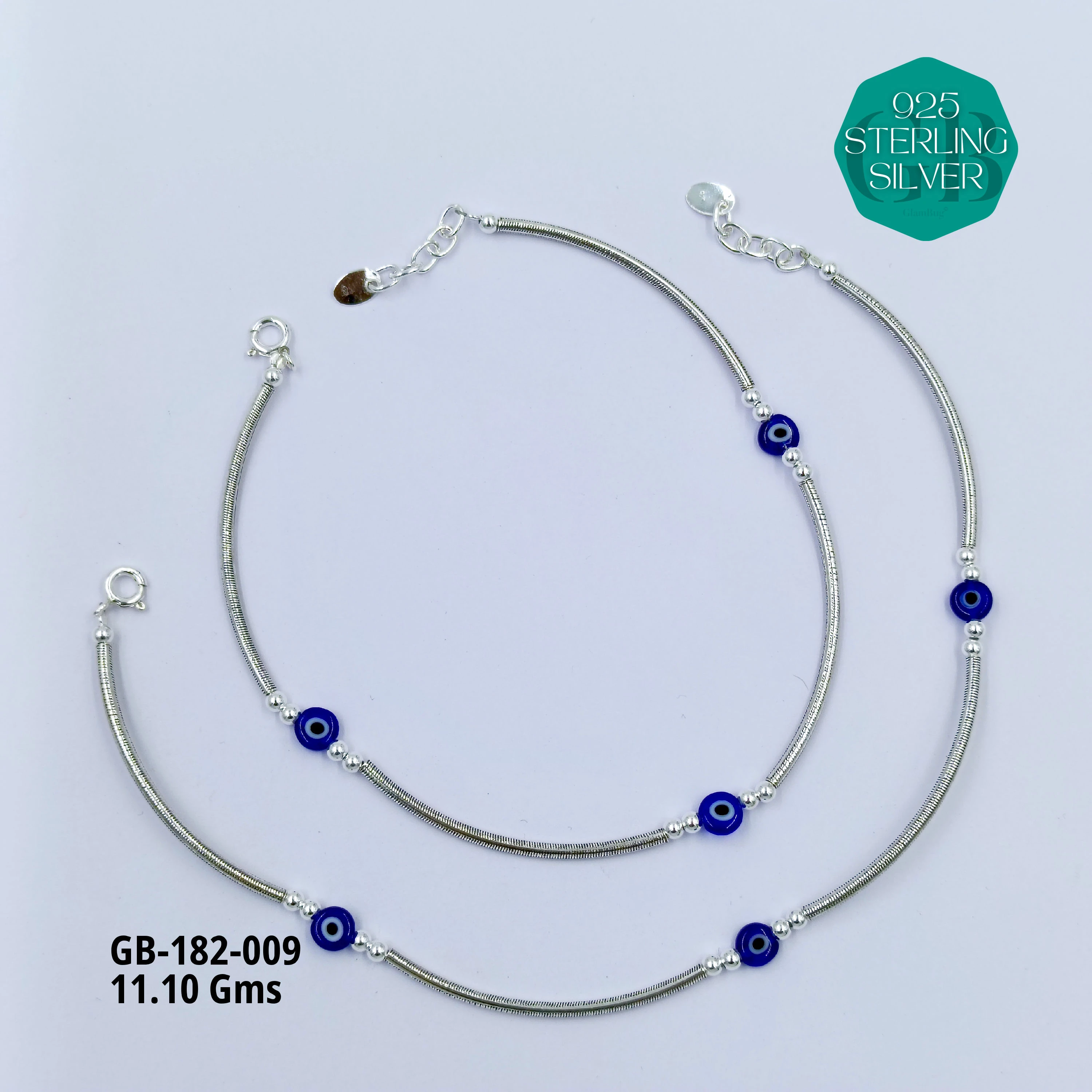 EVIL-EYE PIPE ANKLETS - Premium 925 Silver Jewellery - SKU: GB-182-009 - Hyderabad Silver Importers