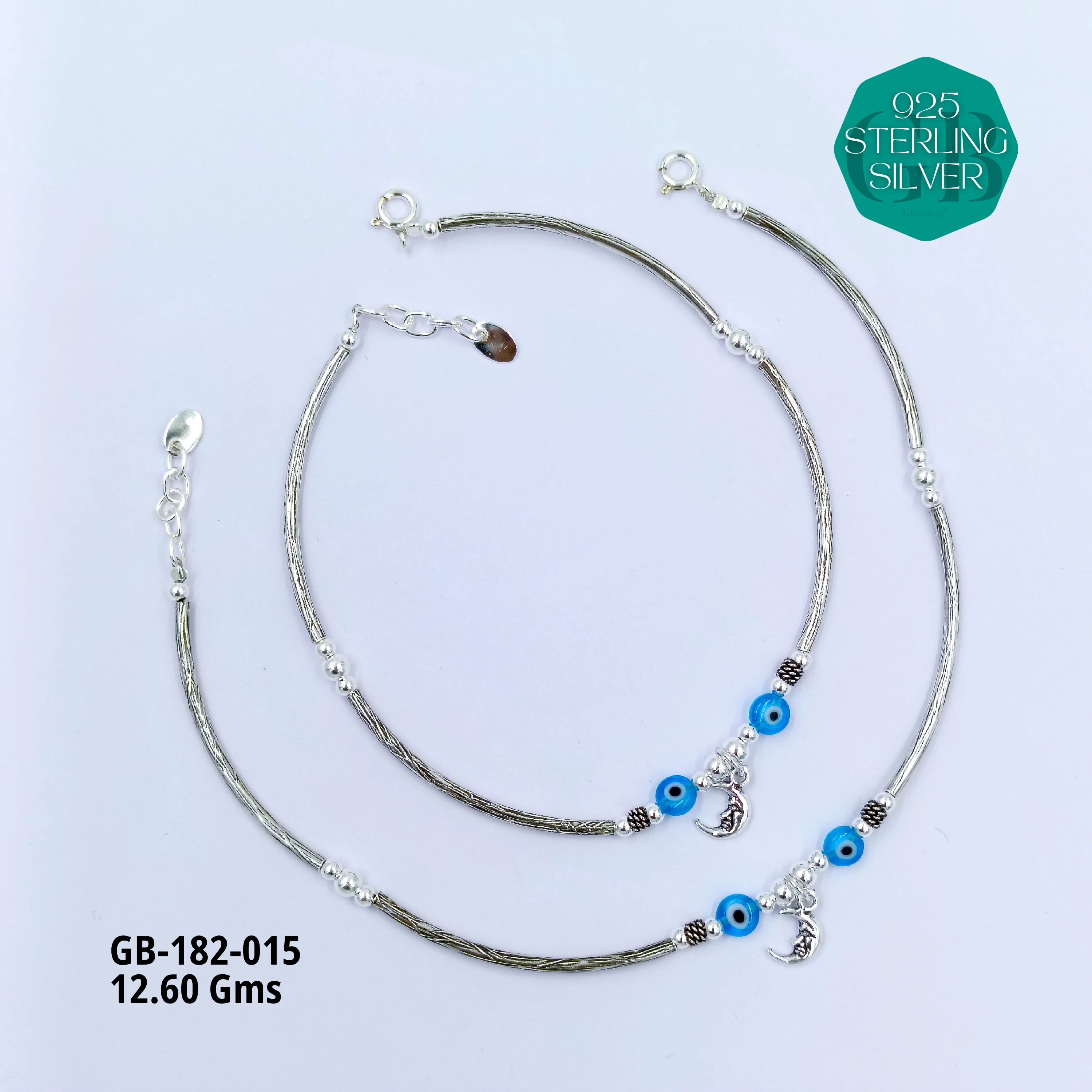 EVIL-EYE PIPE ANKLETS - Premium 925 Silver Jewellery - SKU: GB-182-015 - Hyderabad Silver Importers