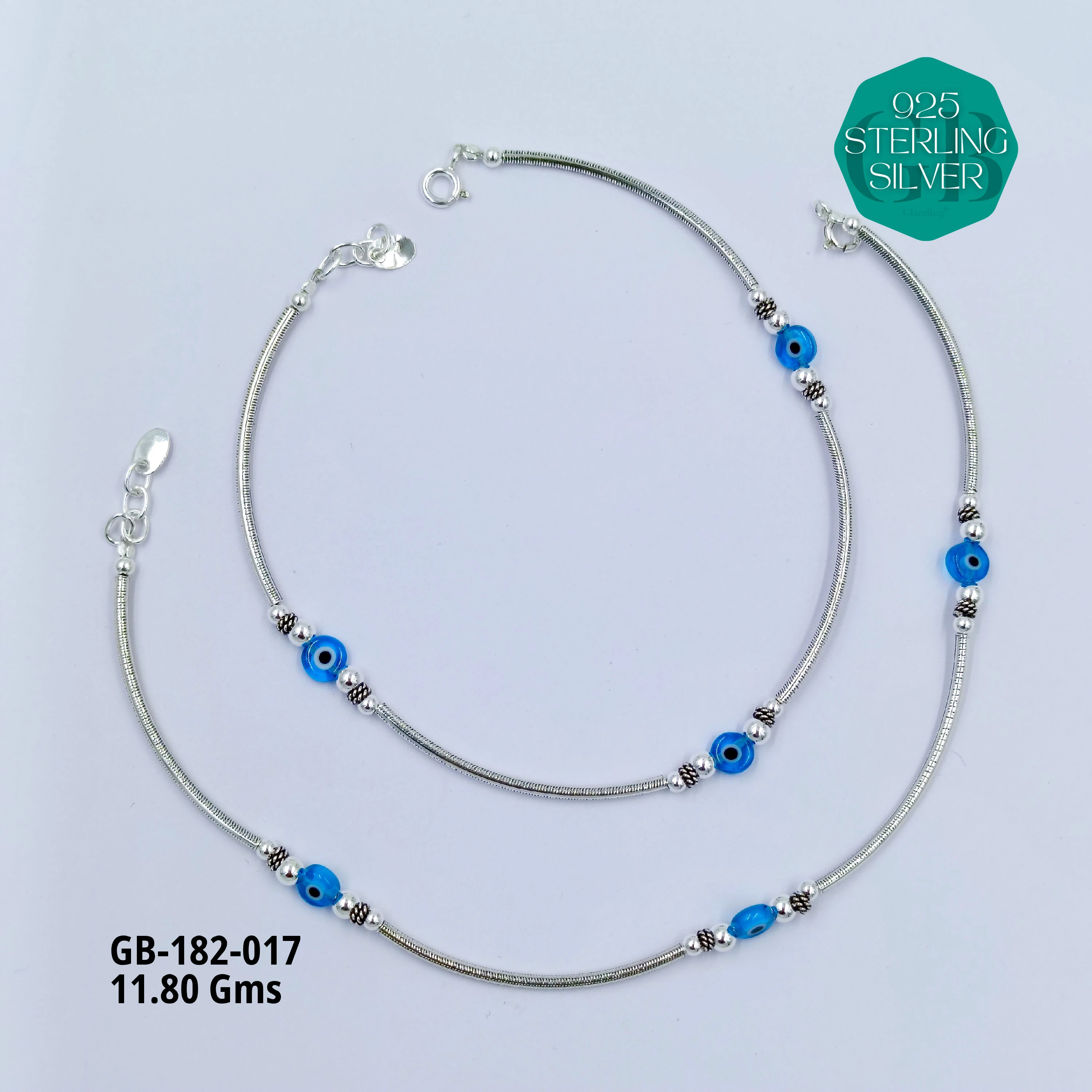 EVIL-EYE PIPE ANKLETS - Premium 925 Silver Jewellery - SKU: GB-182-017 - Hyderabad Silver Importers