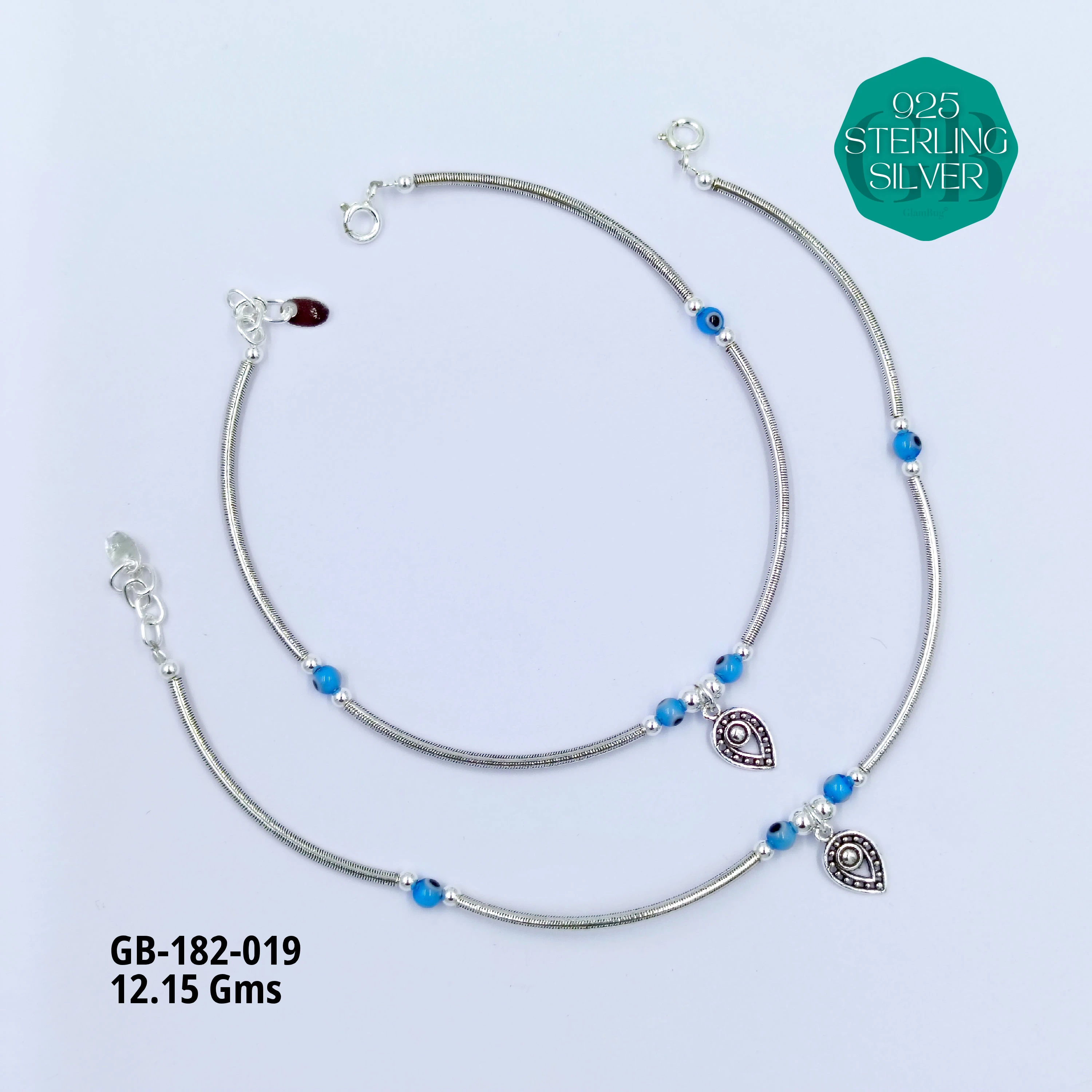 EVIL-EYE PIPE ANKLETS - Premium 925 Silver Jewellery - SKU: GB-182-019 - Hyderabad Silver Importers