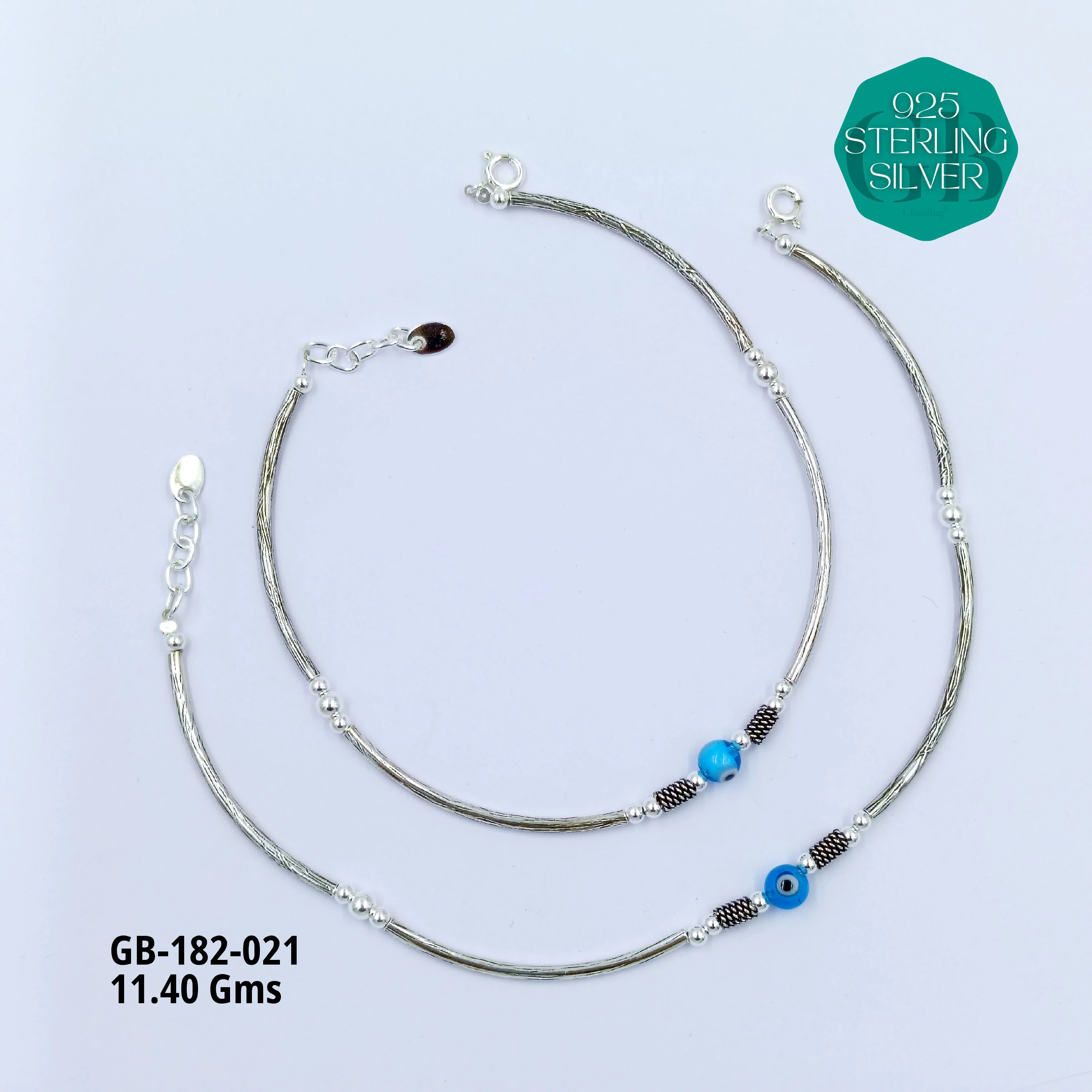 EVIL-EYE PIPE ANKLETS - Premium 925 Silver Jewellery - SKU: GB-182-021 - Hyderabad Silver Importers