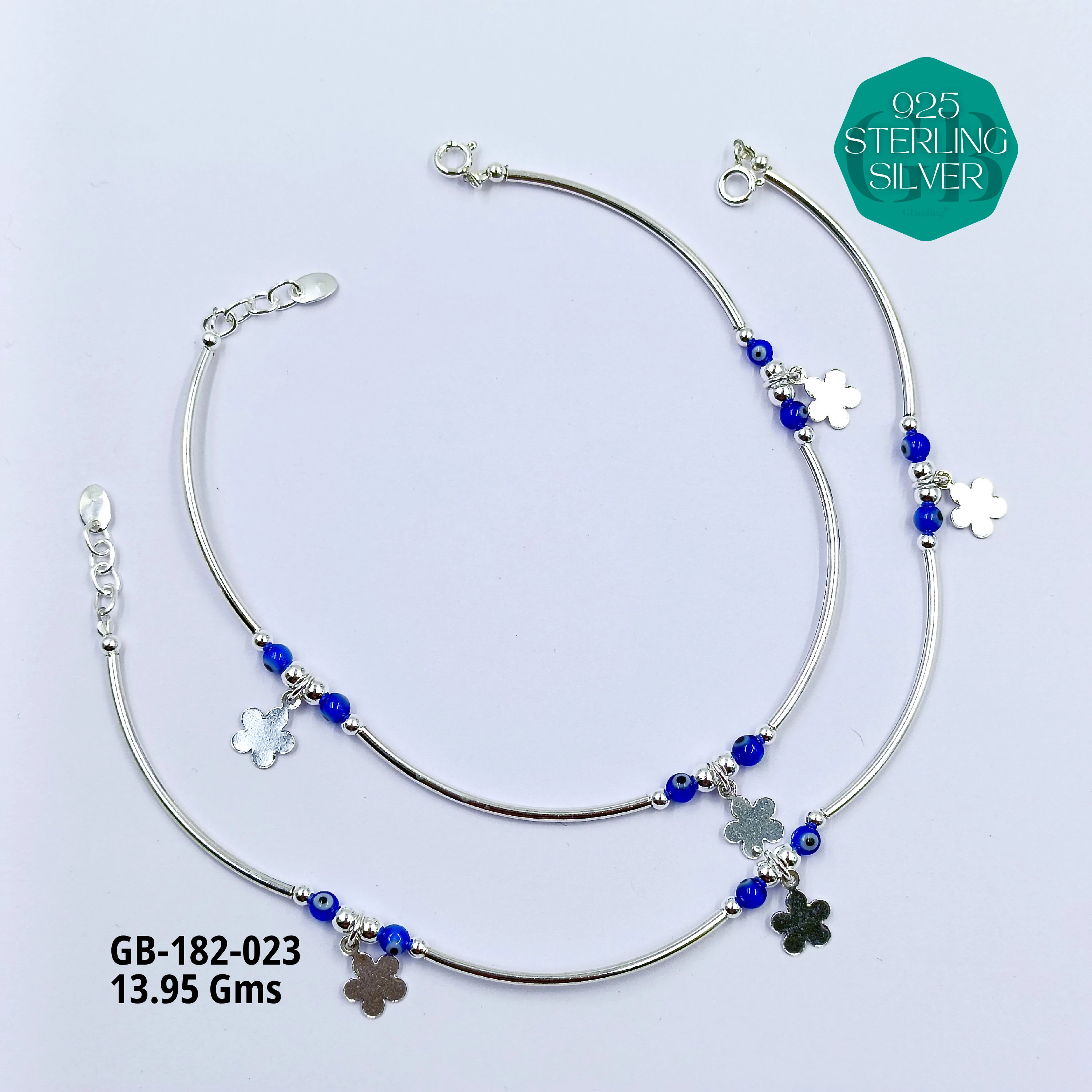 EVIL-EYE PIPE ANKLETS - Premium 925 Silver Jewellery - SKU: GB-182-023 - Hyderabad Silver Importers