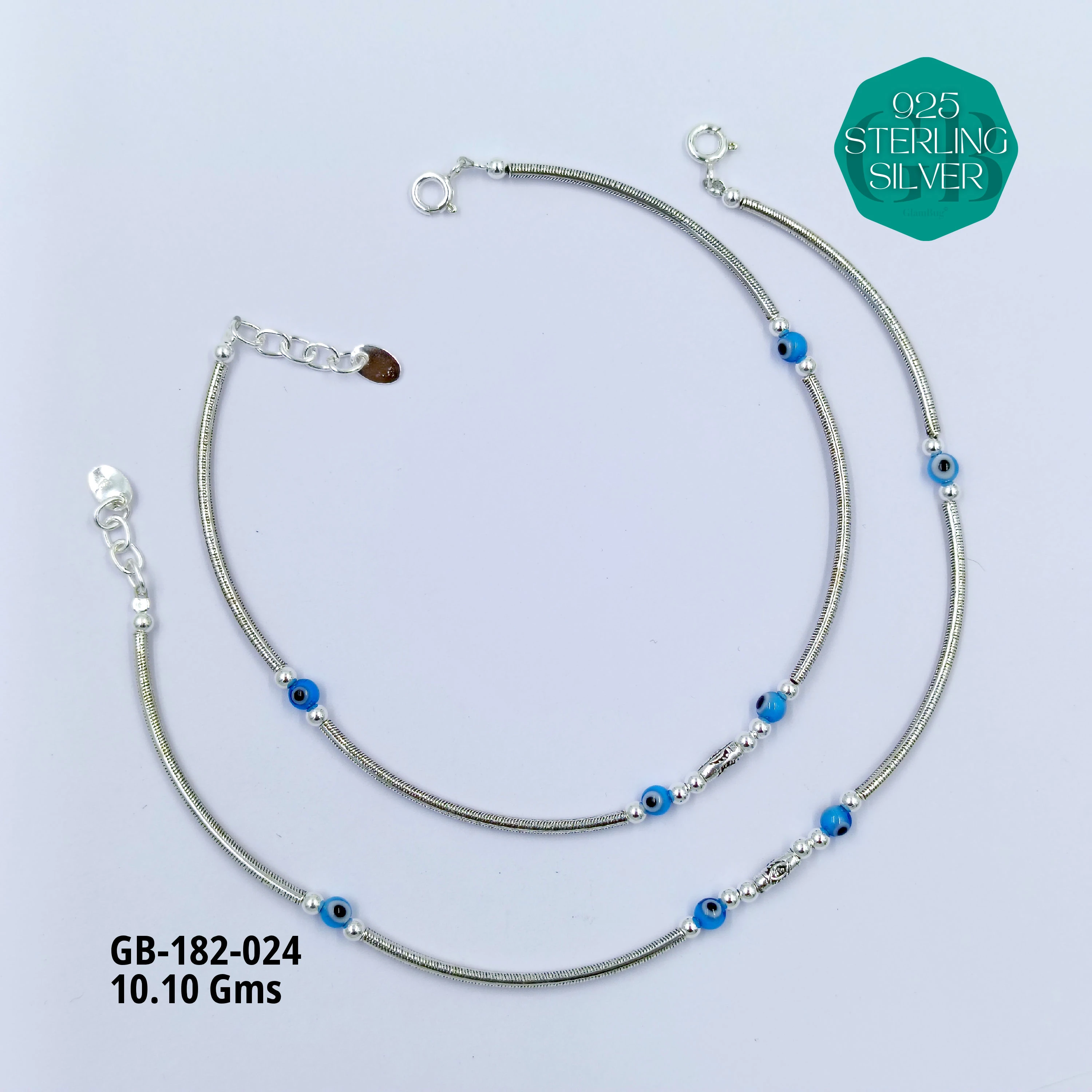 EVIL-EYE PIPE ANKLETS - Premium 925 Silver Jewellery - SKU: GB-182-024 - Hyderabad Silver Importers
