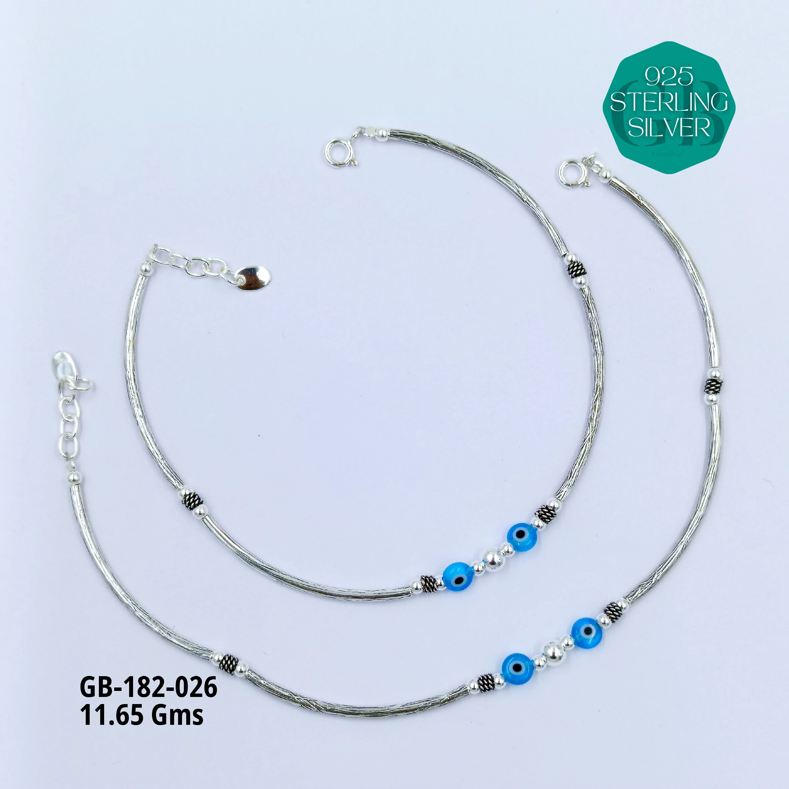 EVIL-EYE PIPE ANKLETS - Premium 925 Silver Jewellery - SKU: GB-182-026 - Hyderabad Silver Importers