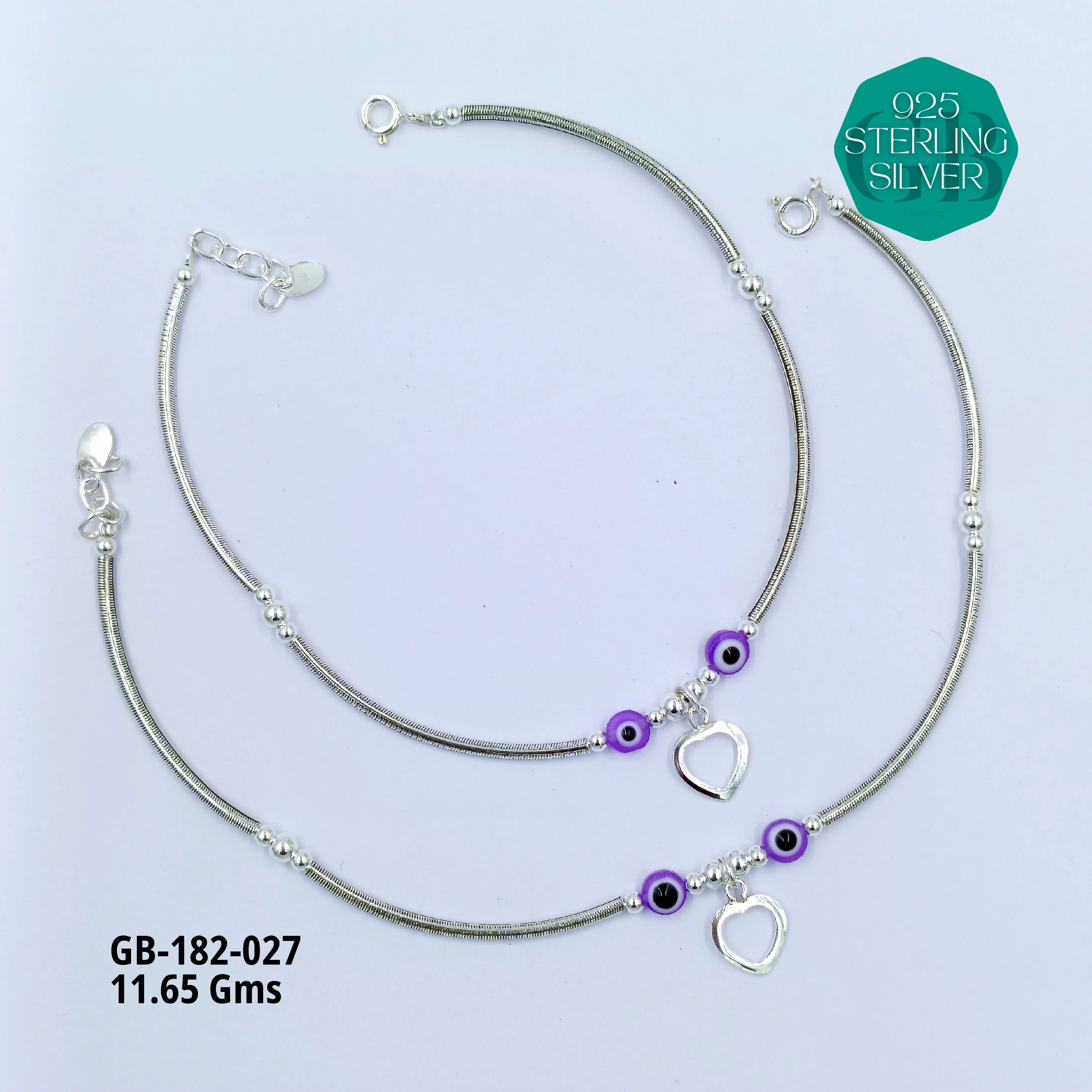 EVIL-EYE PIPE ANKLETS - Premium 925 Silver Jewellery - SKU: GB-182-027 - Hyderabad Silver Importers