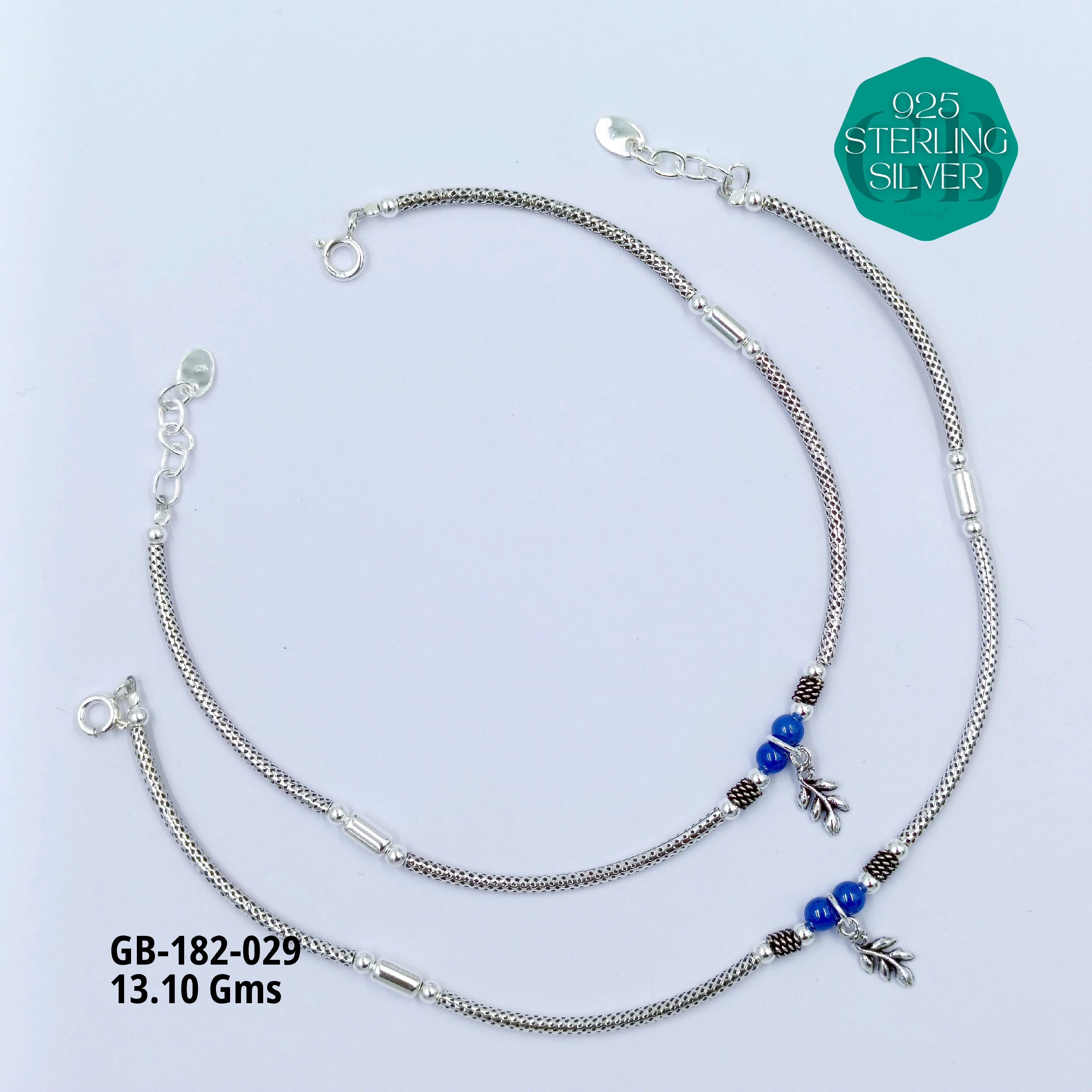 EVIL-EYE PIPE ANKLETS - Premium 925 Silver Jewellery - SKU: GB-182-029 - Hyderabad Silver Importers