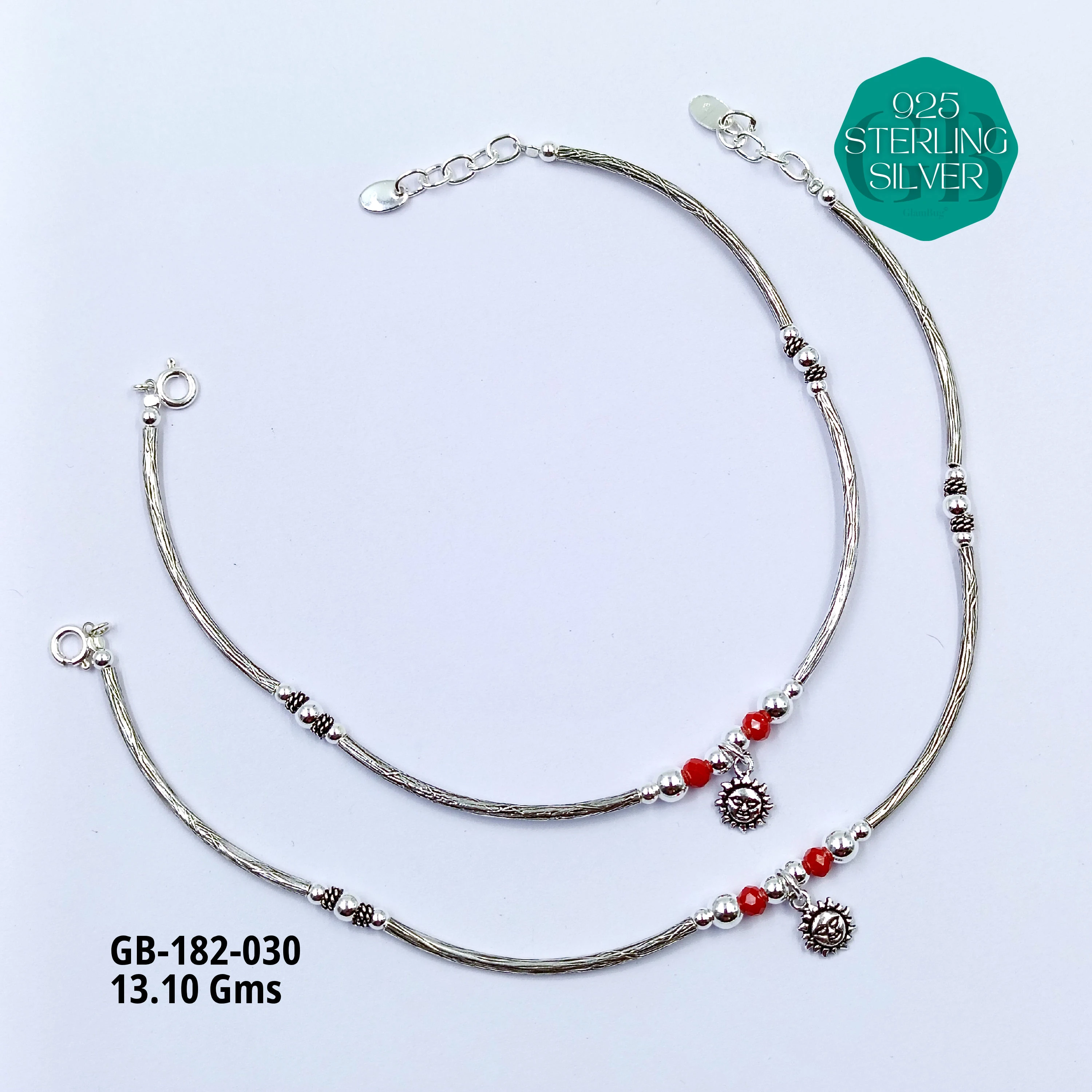 EVIL-EYE PIPE ANKLETS - Premium 925 Silver Jewellery - SKU: GB-182-030 - Hyderabad Silver Importers