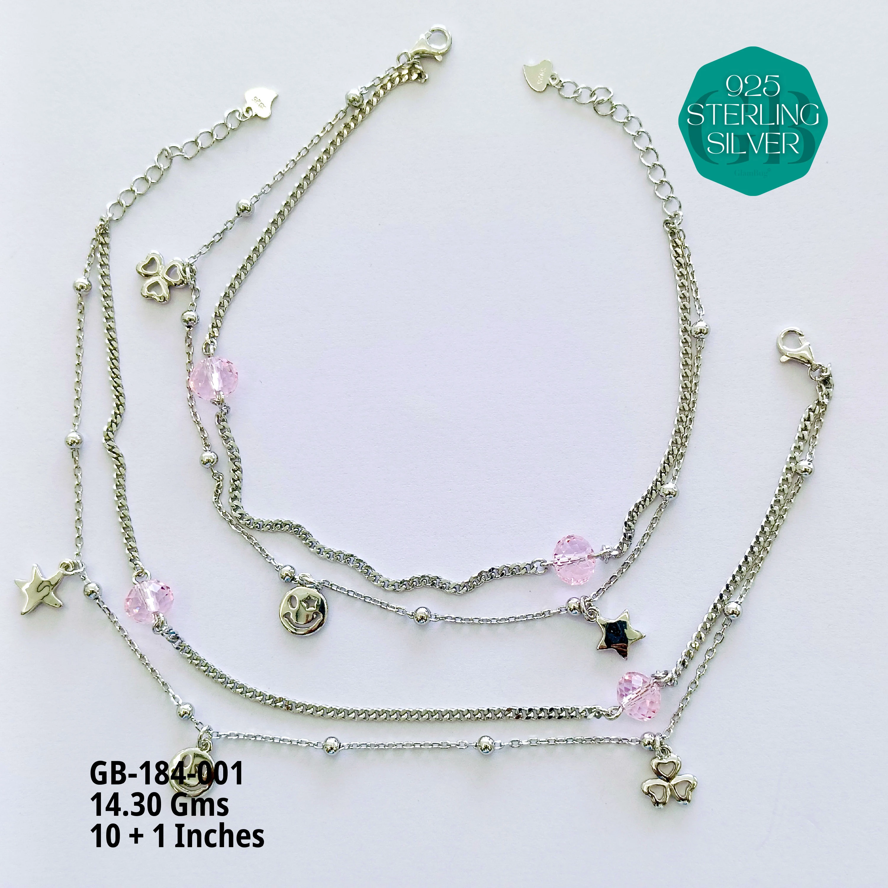 FANCY CRYSTAL ANKLETS - Premium 925 Silver Jewellery - SKU: GB-184-001 - Hyderabad Silver Importers