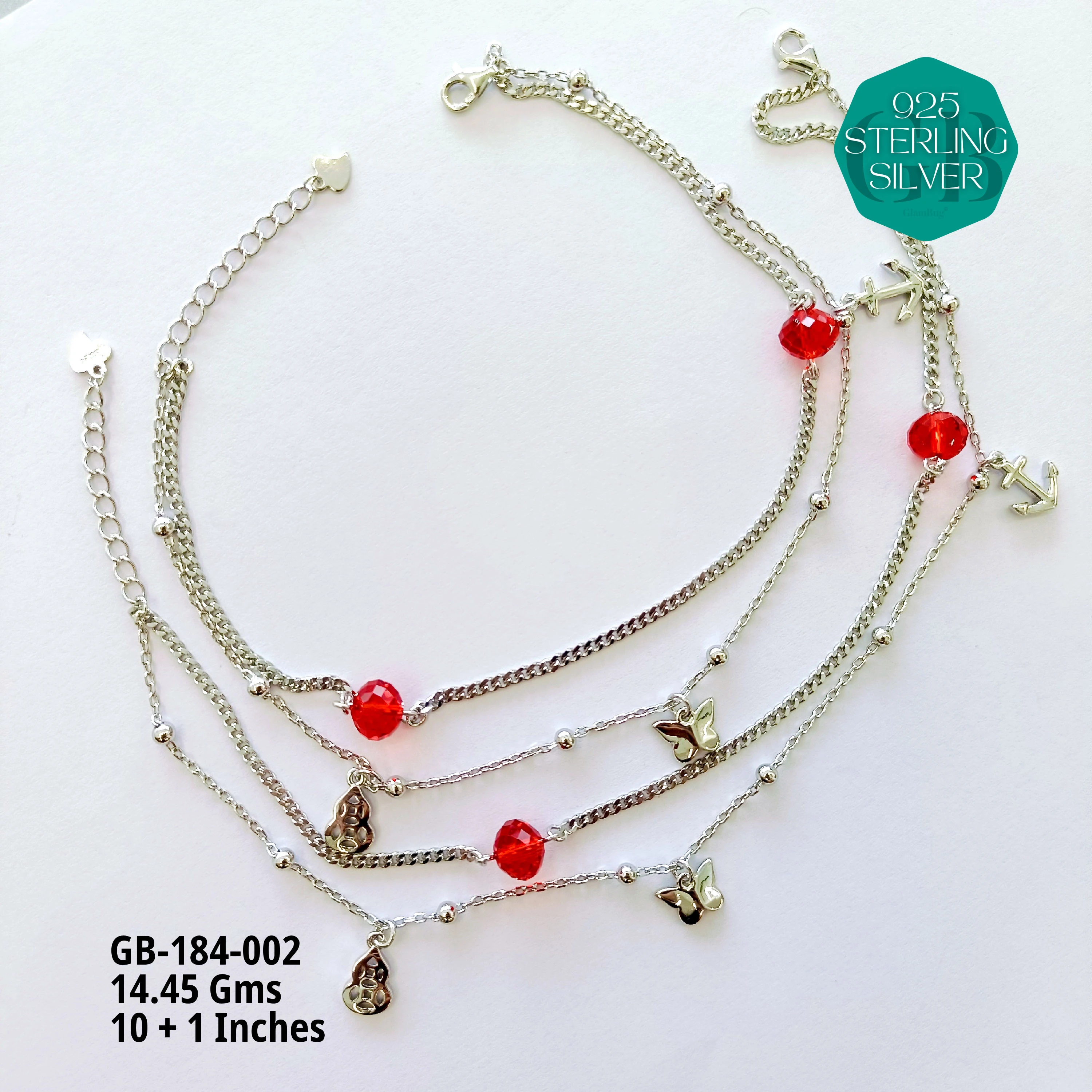 FANCY CRYSTAL ANKLETS - Premium 925 Silver Jewellery - SKU: GB-184-002 - Hyderabad Silver Importers