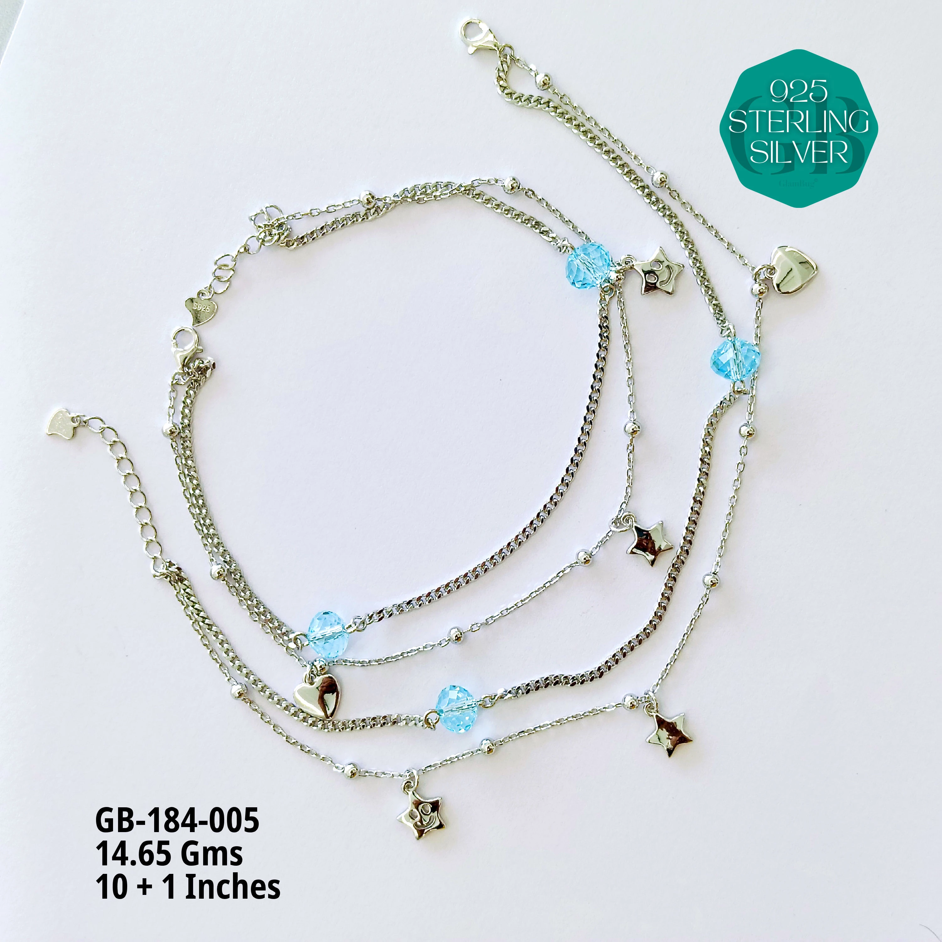 FANCY CRYSTAL ANKLETS - Premium 925 Silver Jewellery - SKU: GB-184-005 - Hyderabad Silver Importers