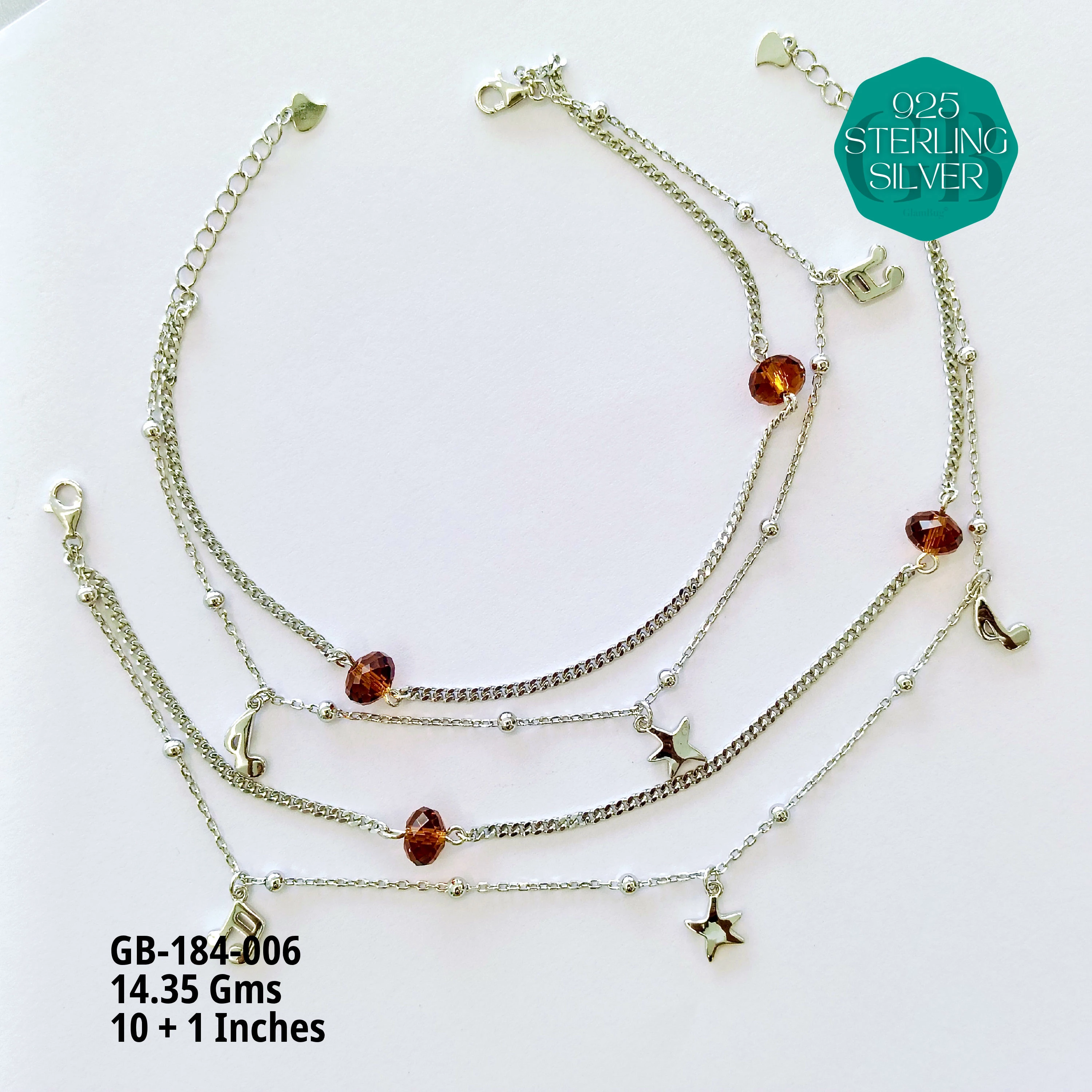 FANCY CRYSTAL ANKLETS - Premium 925 Silver Jewellery - SKU: GB-184-006 - Hyderabad Silver Importers