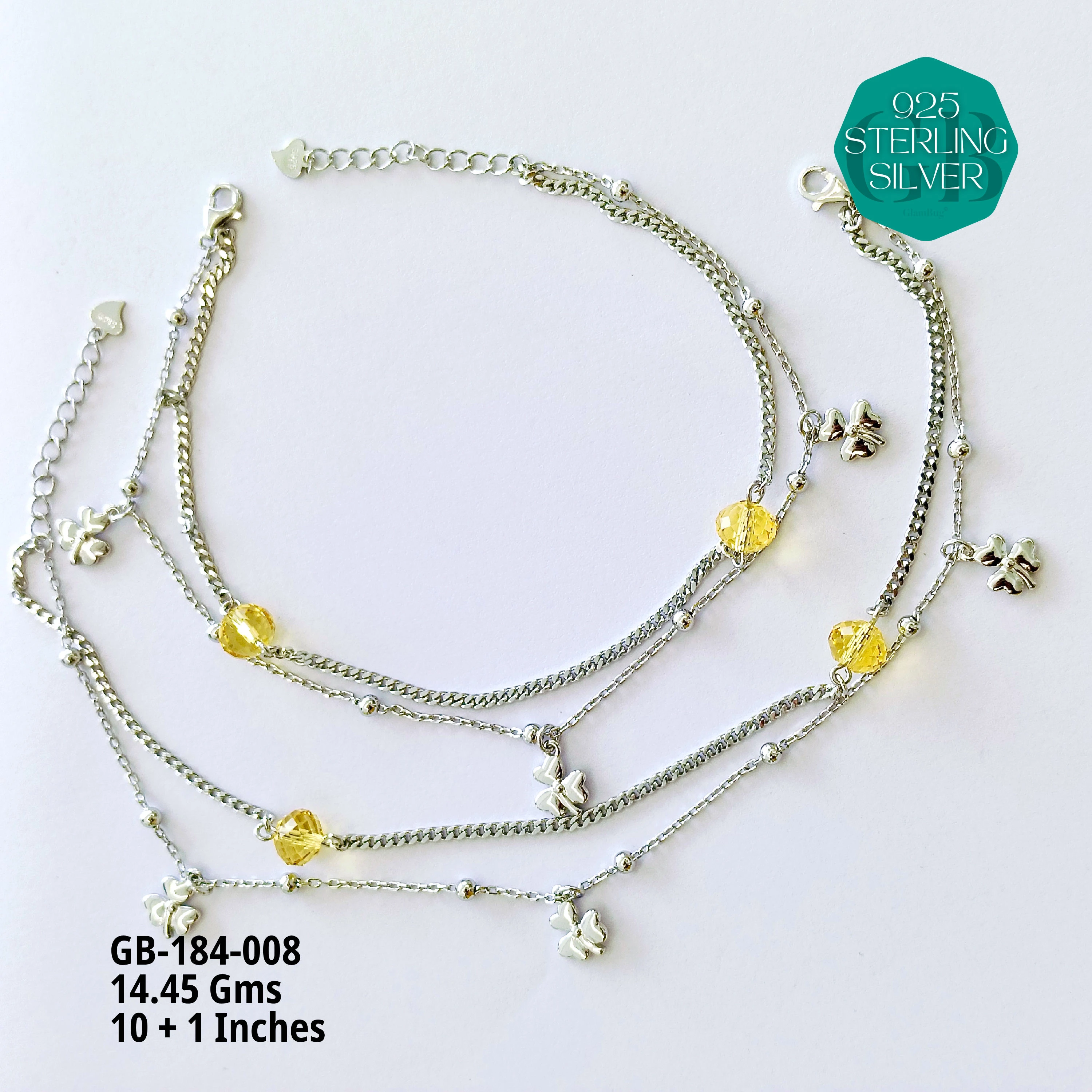 FANCY CRYSTAL ANKLETS - Premium 925 Silver Jewellery - SKU: GB-184-008 - Hyderabad Silver Importers