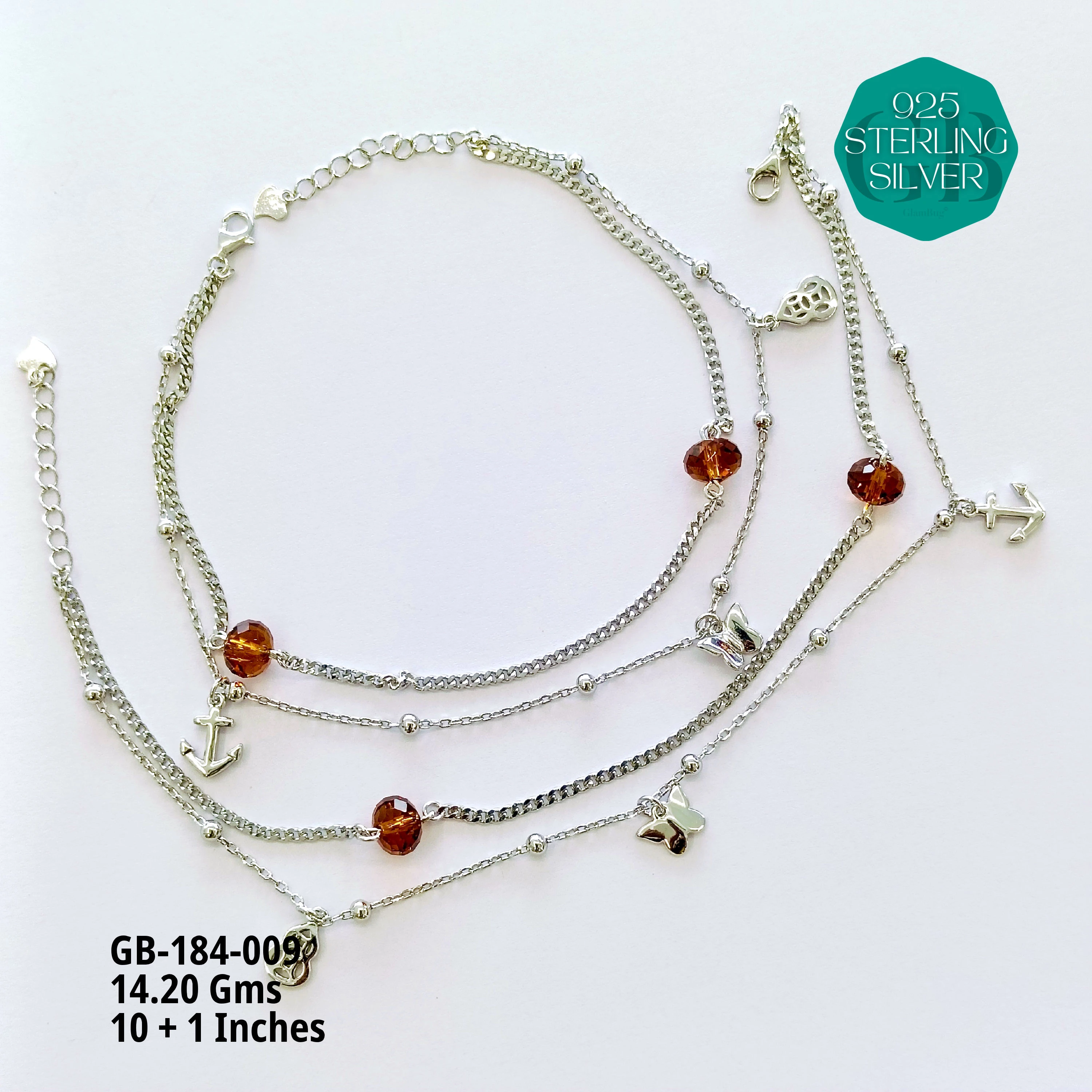 FANCY CRYSTAL ANKLETS - Premium 925 Silver Jewellery - SKU: GB-184-009 - Hyderabad Silver Importers
