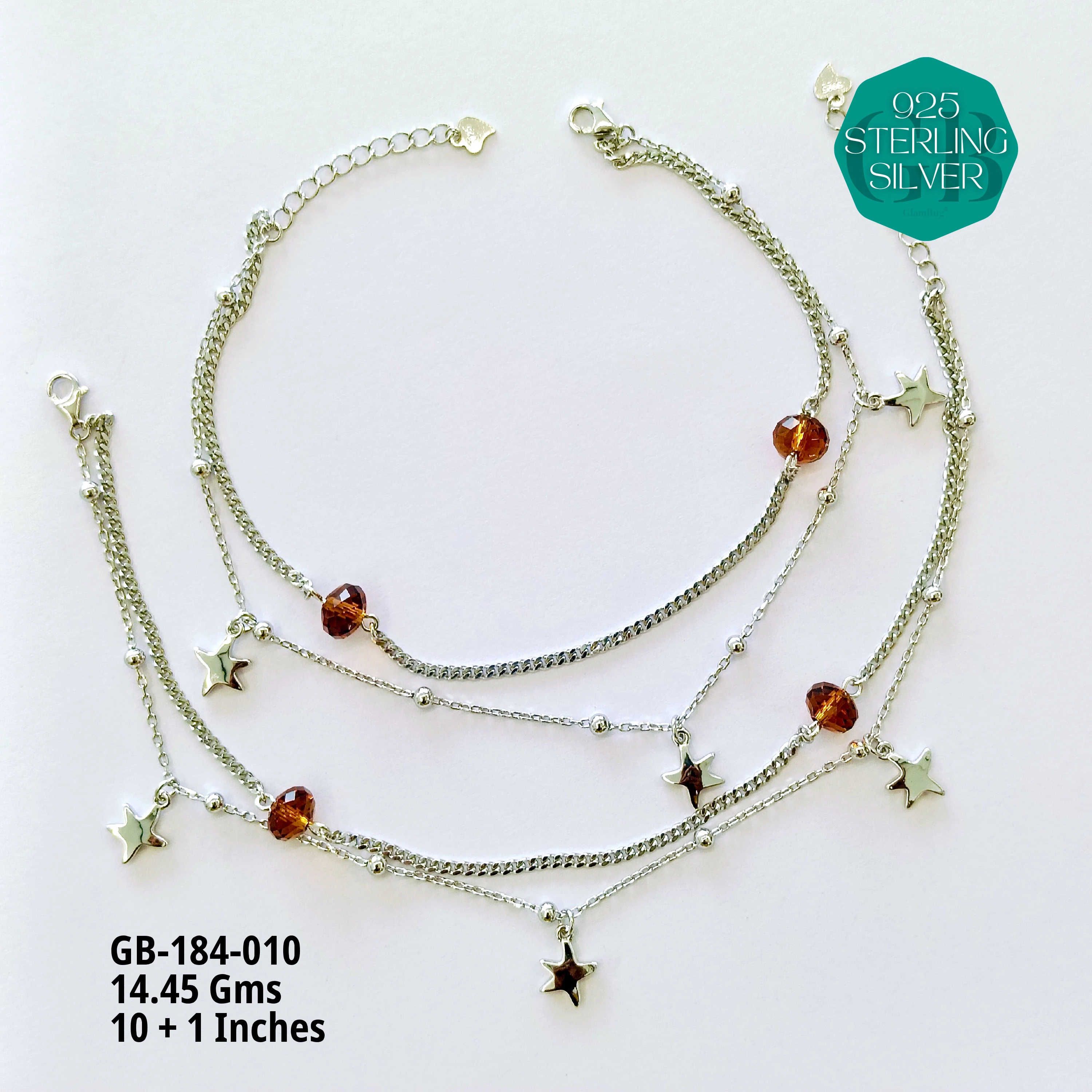 FANCY CRYSTAL ANKLETS - Premium 925 Silver Jewellery - SKU: GB-184-010 - Hyderabad Silver Importers