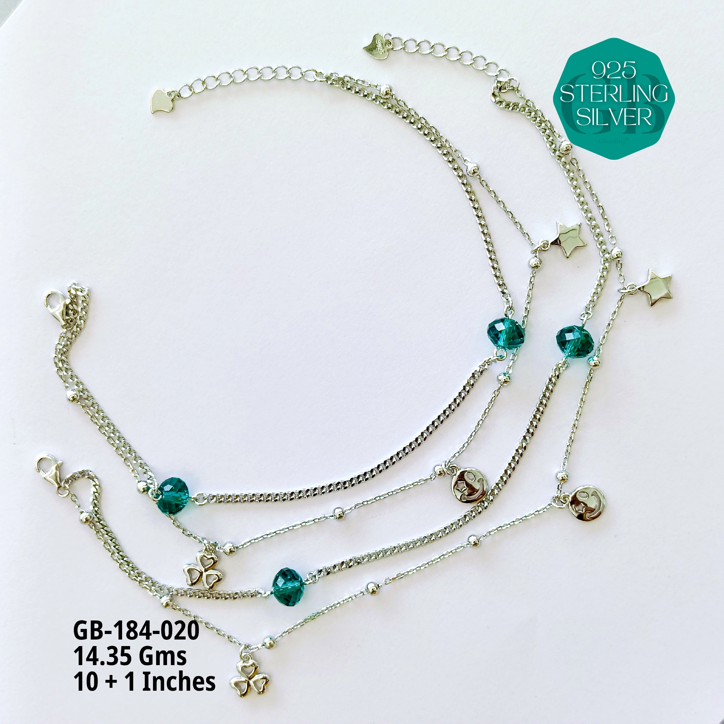 FANCY CRYSTAL ANKLETS - Premium 925 Silver Jewellery - SKU: GB-184-020 - Hyderabad Silver Importers