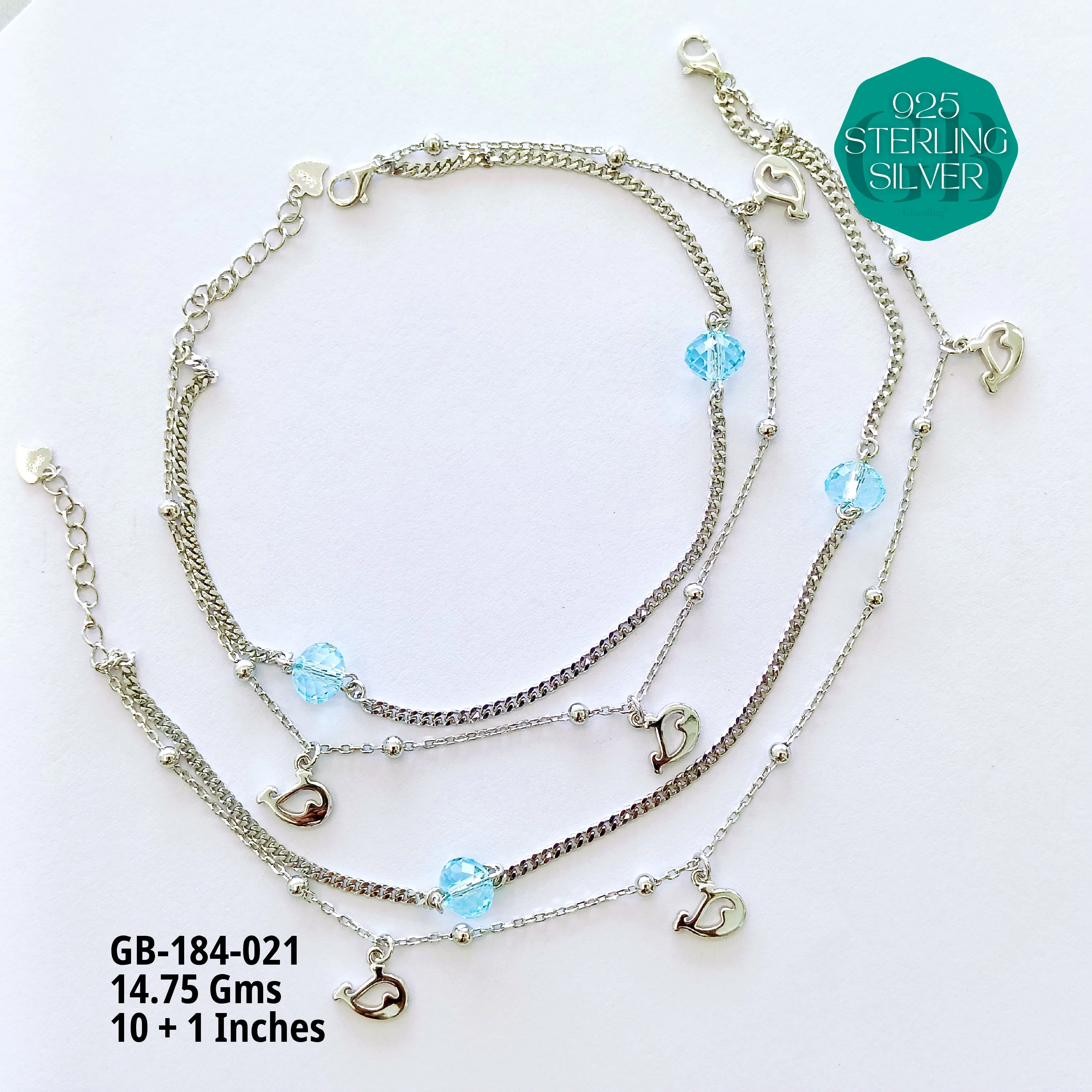 FANCY CRYSTAL ANKLETS - Premium 925 Silver Jewellery - SKU: GB-184-021 - Hyderabad Silver Importers