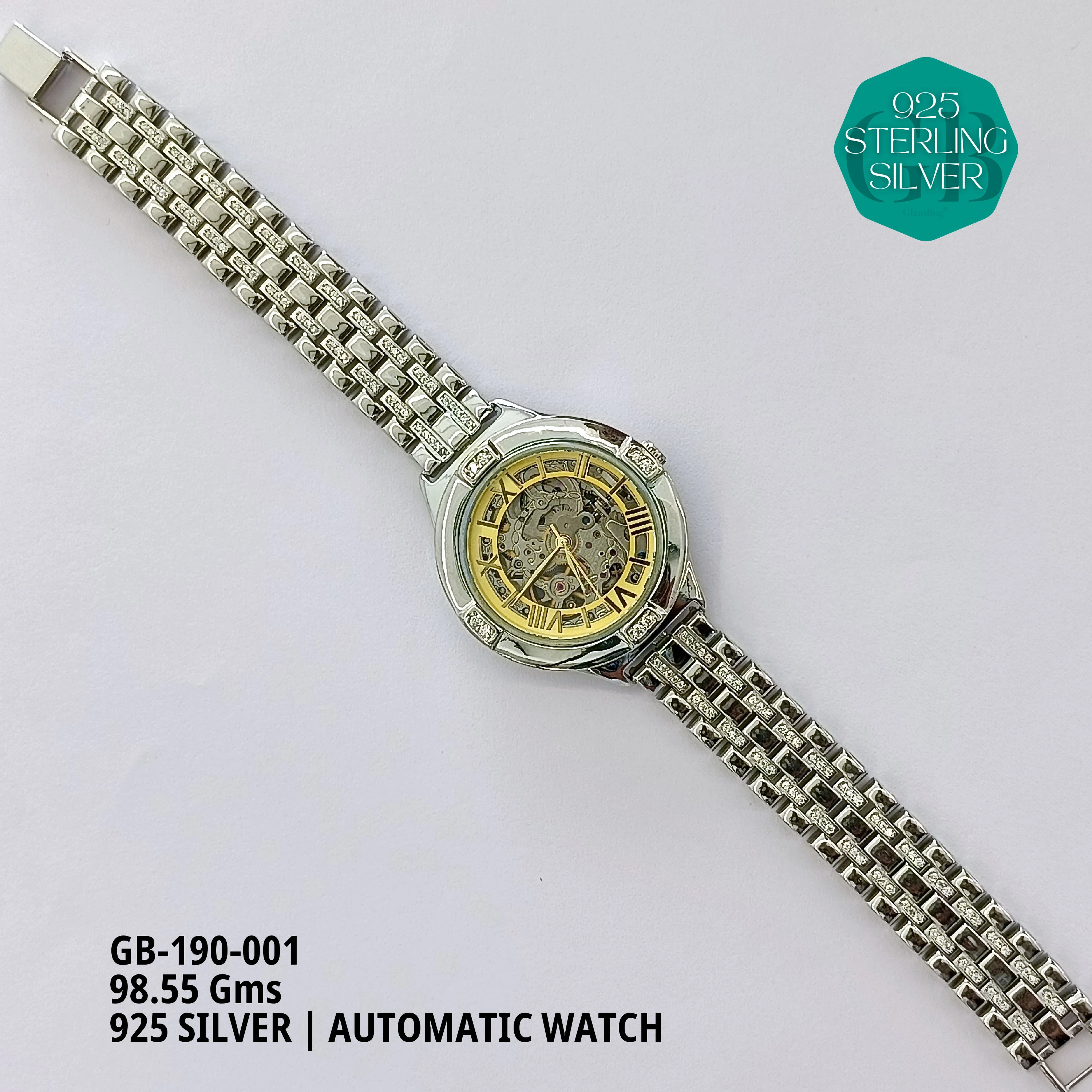 CZ AUTOMATIC WATCHES - Premium 925 Silver Jewellery - SKU: GB-190-001 - Hyderabad Silver Importers
