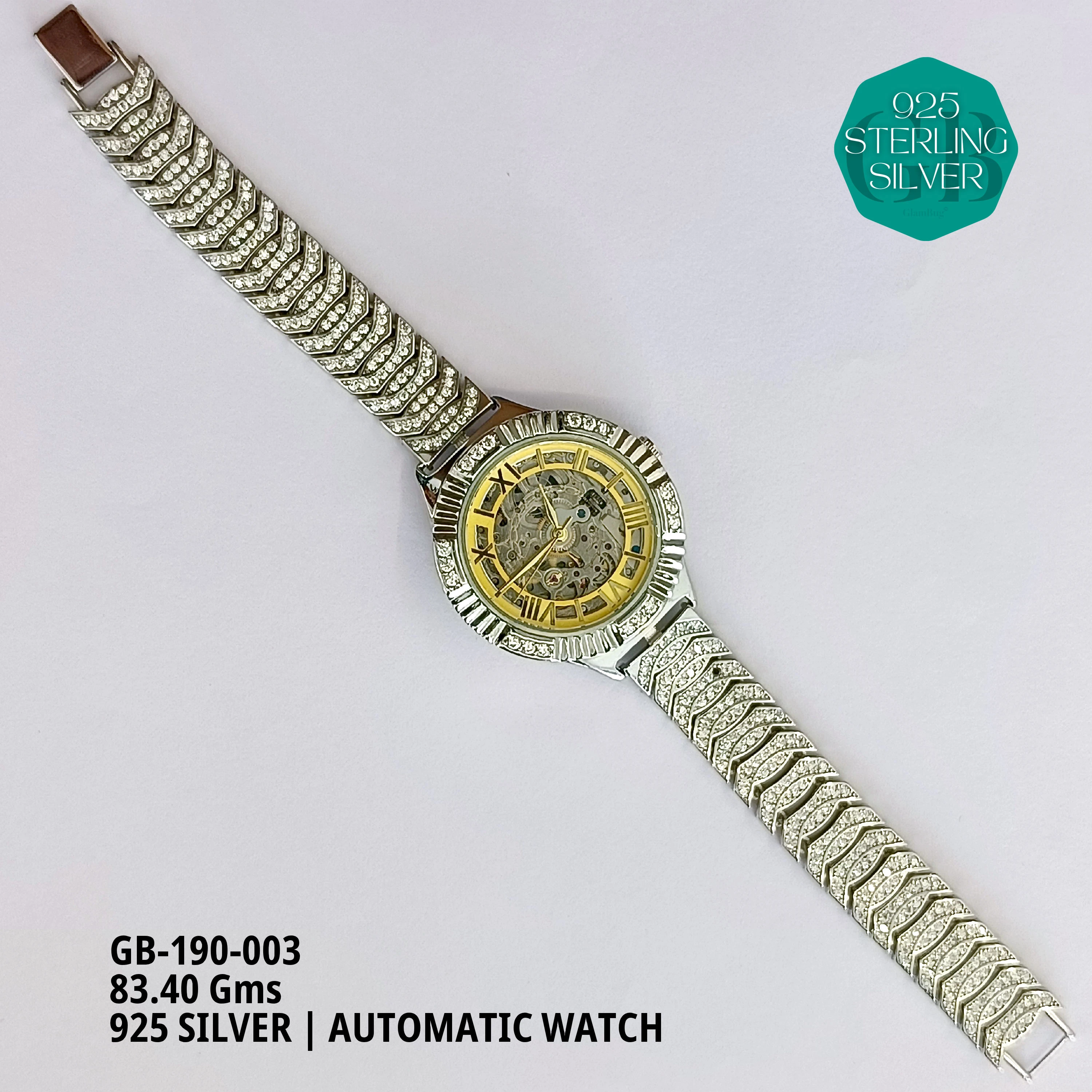 CZ AUTOMATIC WATCHES - Premium 925 Silver Jewellery - SKU: GB-190-003 - Hyderabad Silver Importers