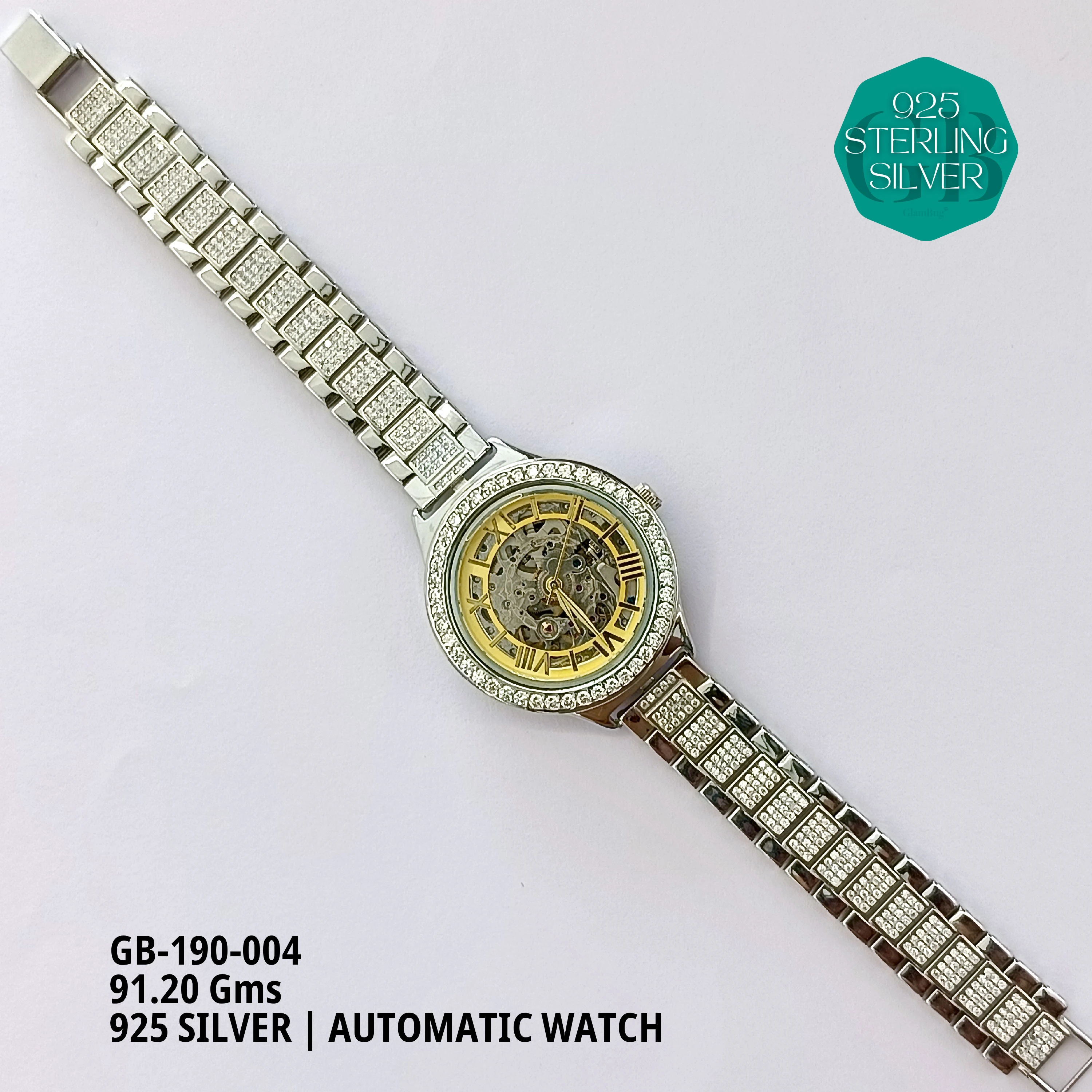CZ AUTOMATIC WATCHES - Premium 925 Silver Jewellery - SKU: GB-190-004 - Hyderabad Silver Importers