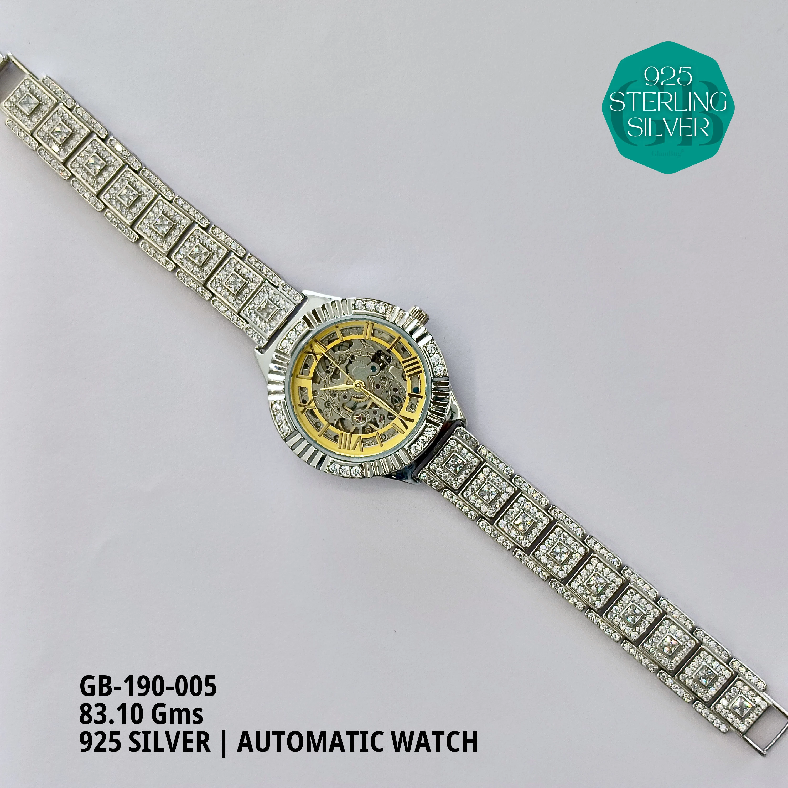 CZ AUTOMATIC WATCHES - Premium 925 Silver Jewellery - SKU: GB-190-005 - Hyderabad Silver Importers