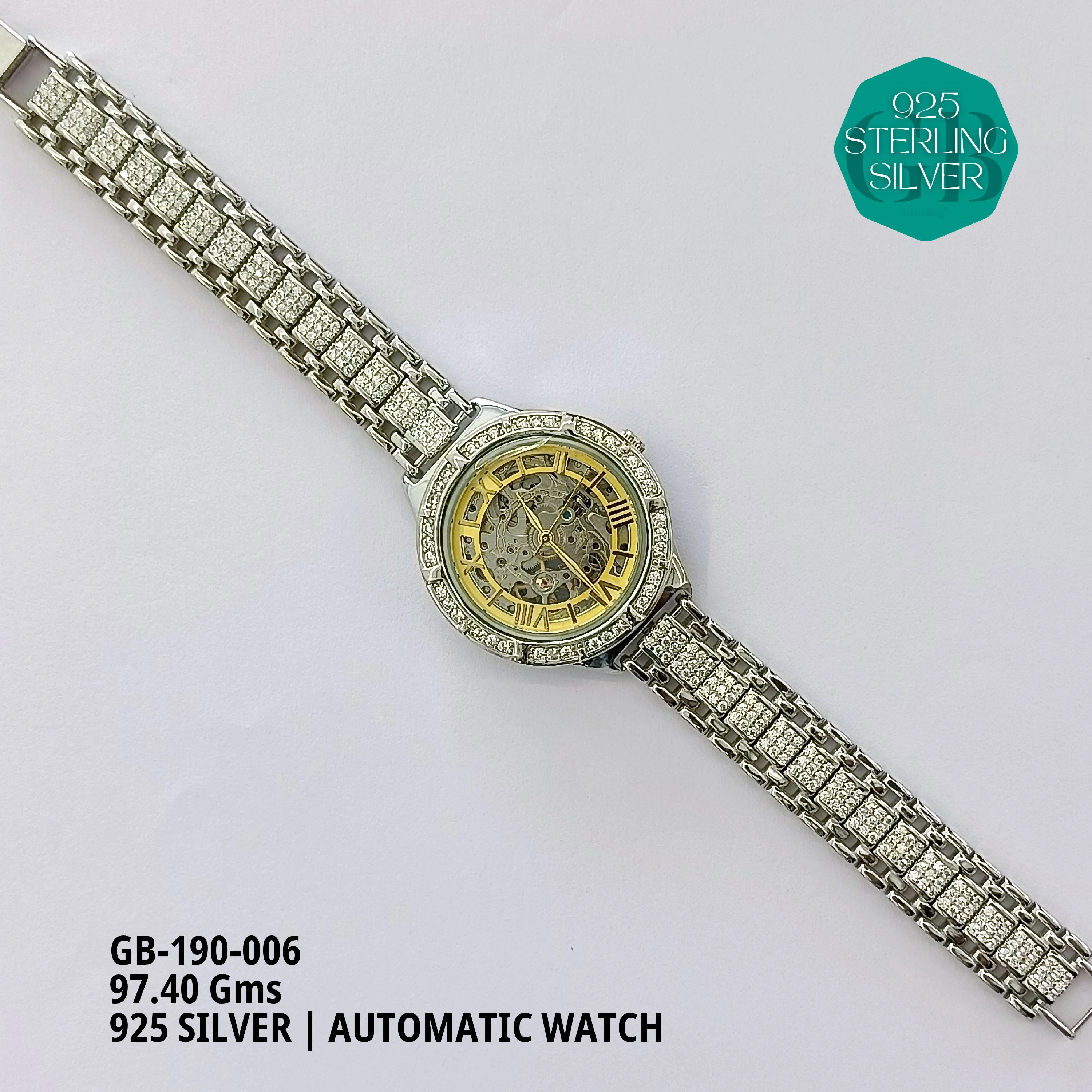 CZ AUTOMATIC WATCHES - Premium 925 Silver Jewellery - SKU: GB-190-006 - Hyderabad Silver Importers