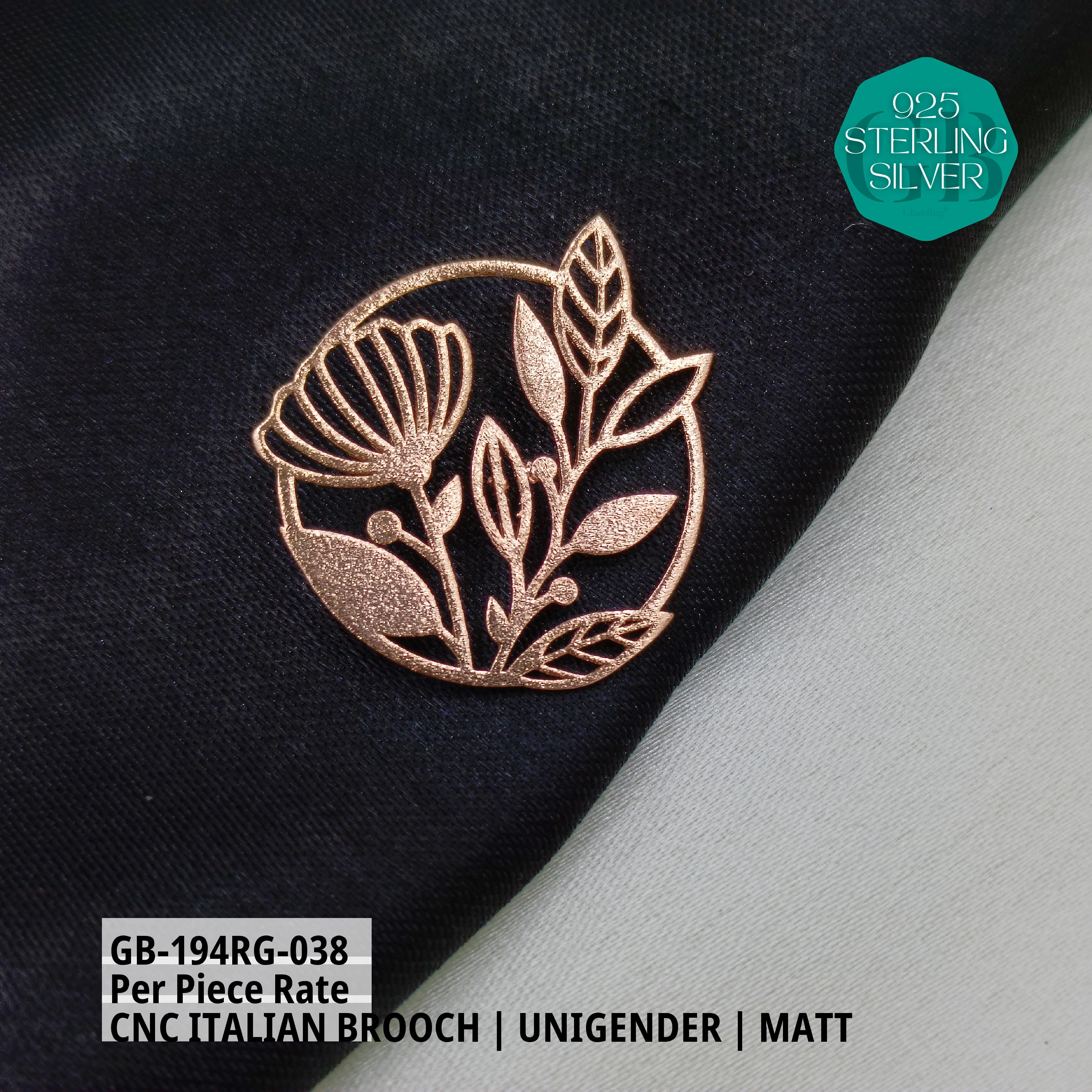 ITALIAN CNC  BROOCHES - ROSEGOLD - Premium 925 Silver Jewellery - SKU: GB-194RG-038 - Hyderabad Silver Importers