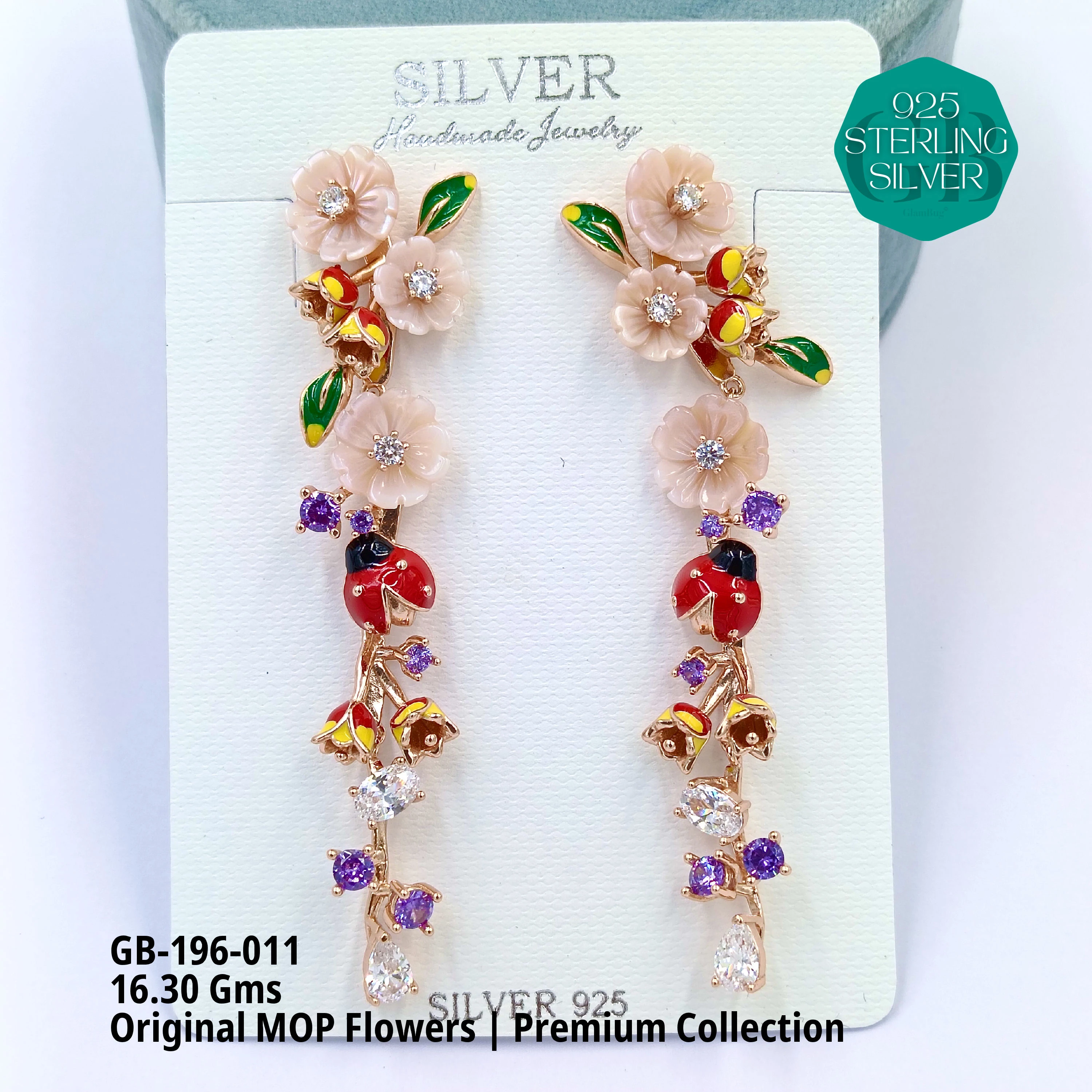 MOP EARRRINGS - PREMIUM - Premium 925 Silver Jewellery - SKU: GB-196-011 - Hyderabad Silver Importers