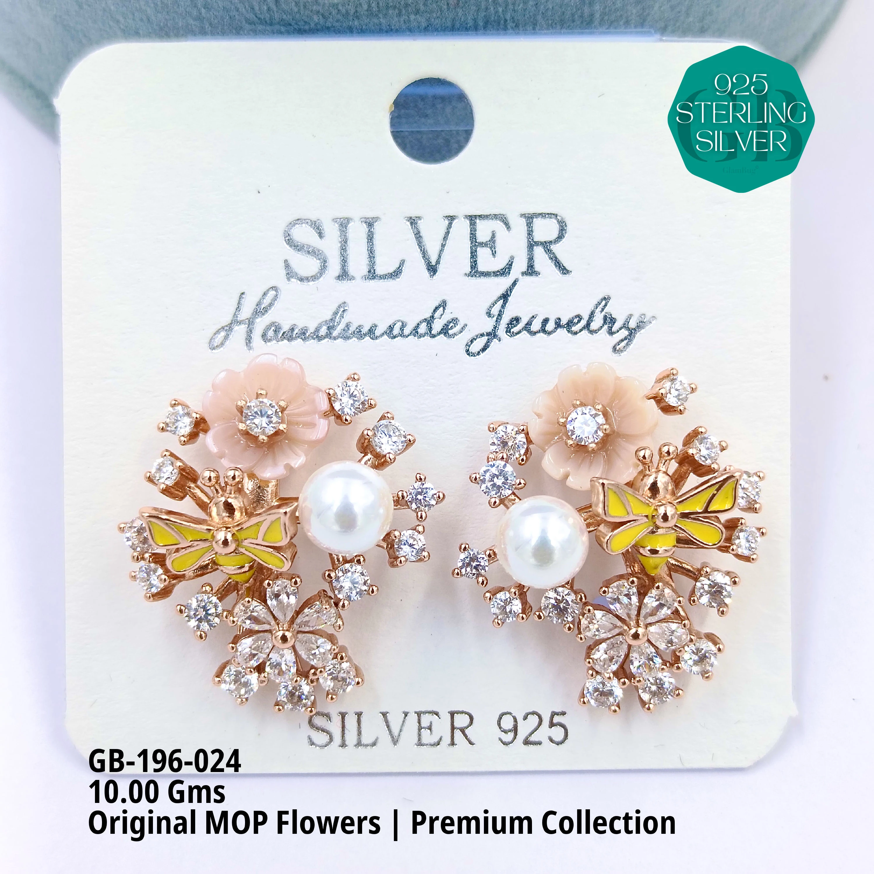 MOP EARRRINGS - PREMIUM - Premium 925 Silver Jewellery - SKU: GB-196-024 - Hyderabad Silver Importers
