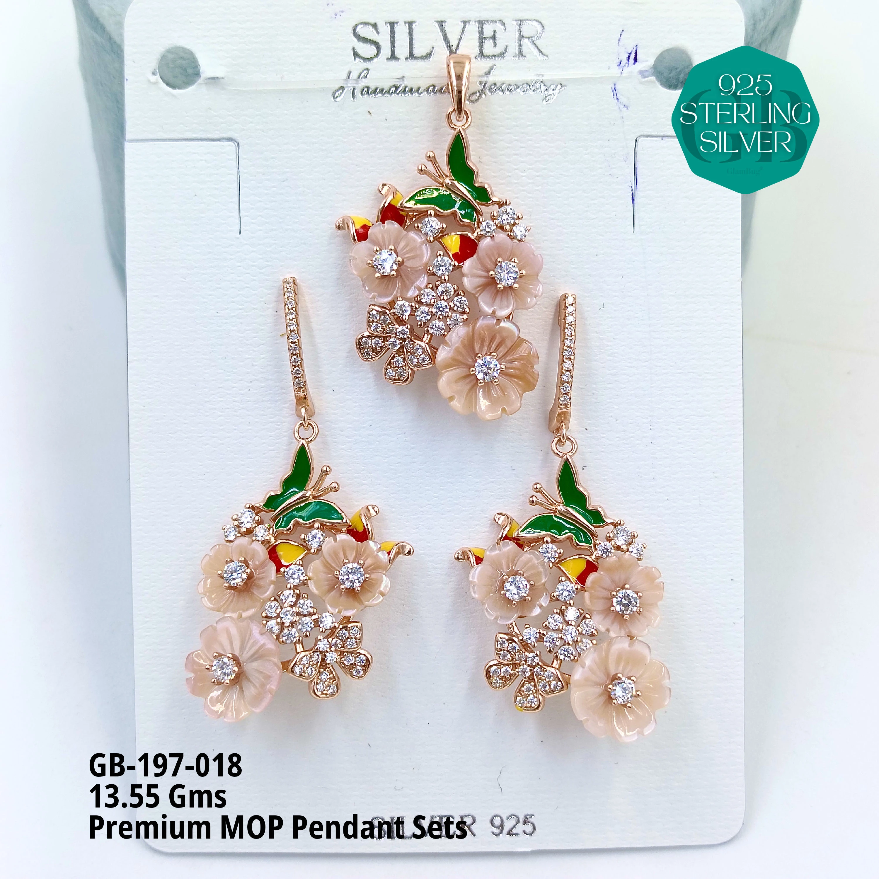 MOP PENDANT SETS - PREMIUM - Premium 925 Silver Jewellery - SKU: GB-197-018 - Hyderabad Silver Importers