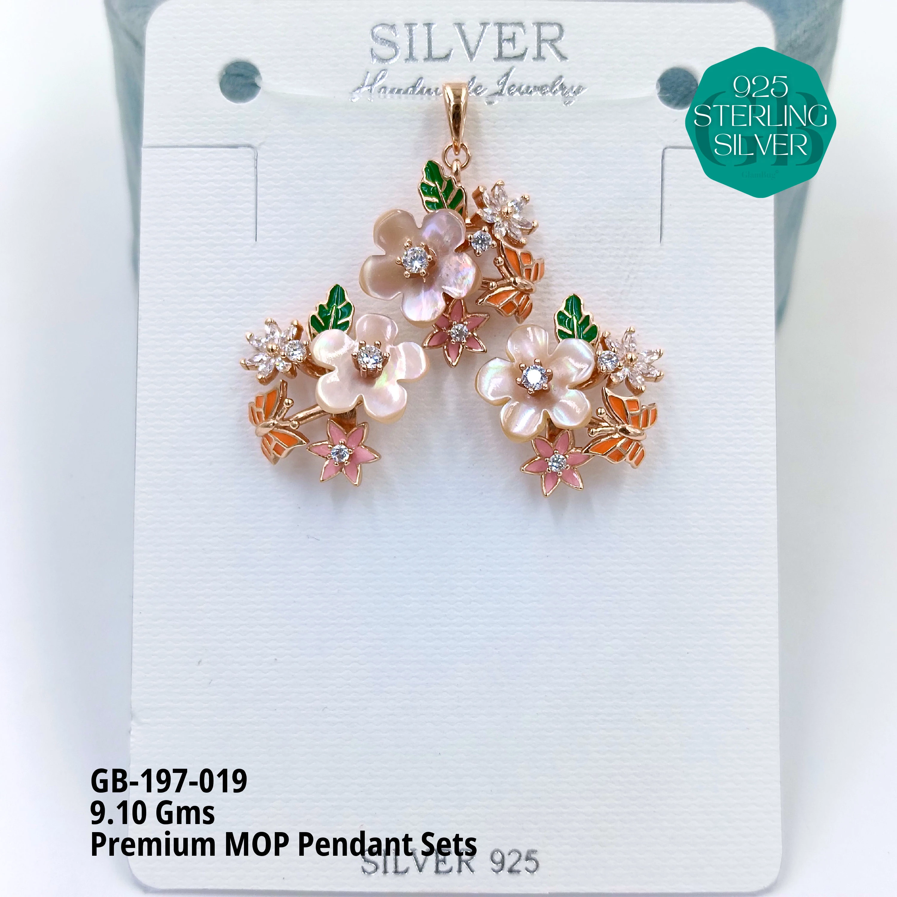 MOP PENDANT SETS - PREMIUM - Premium 925 Silver Jewellery - SKU: GB-197-019 - Hyderabad Silver Importers