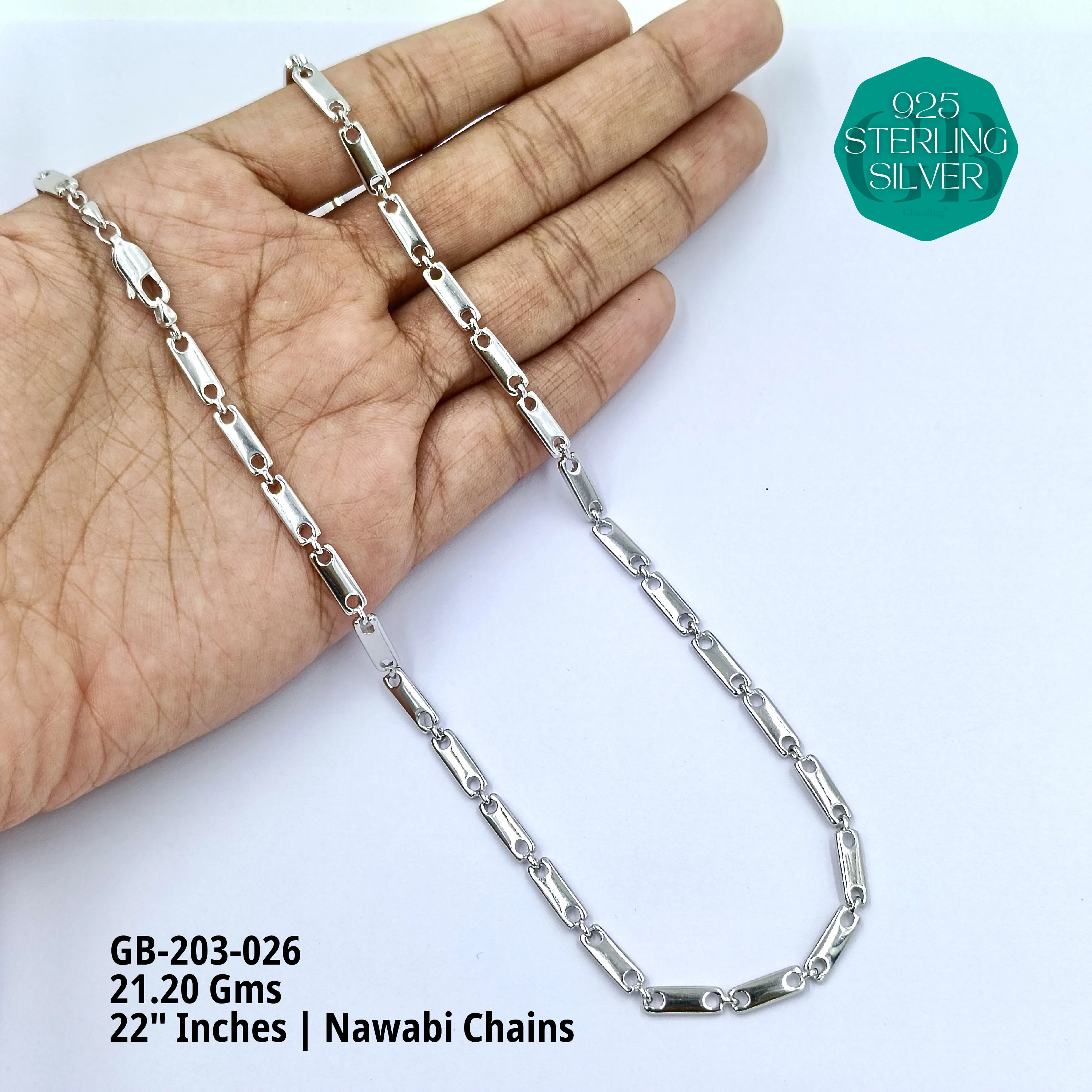 MEN'S NAWABI CHAIN LIGHT WEIGHT - Premium 925 Silver Jewellery - SKU: GB-203-026 - Hyderabad Silver Importers