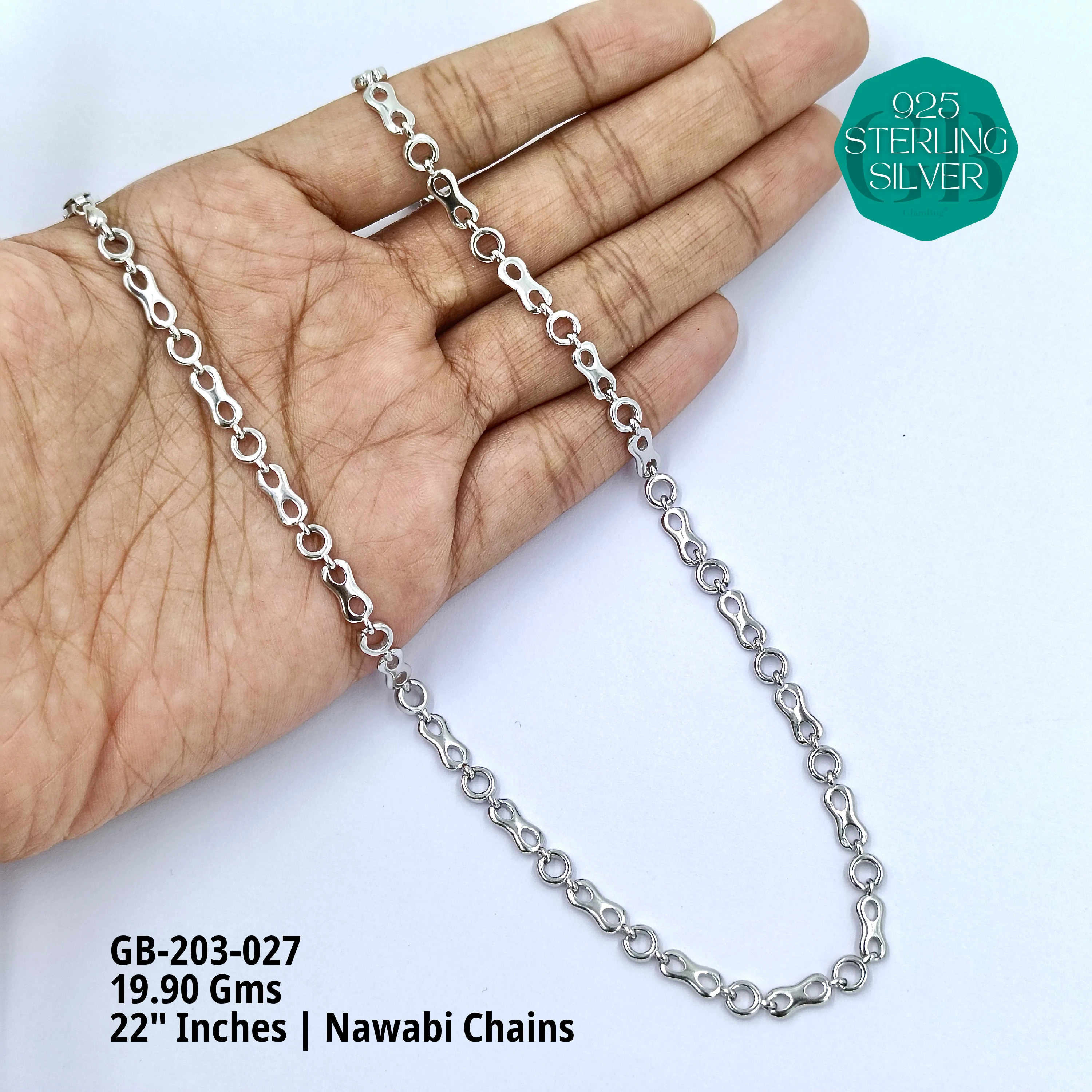 MEN'S NAWABI CHAIN LIGHT WEIGHT - Premium 925 Silver Jewellery - SKU: GB-203-027 - Hyderabad Silver Importers
