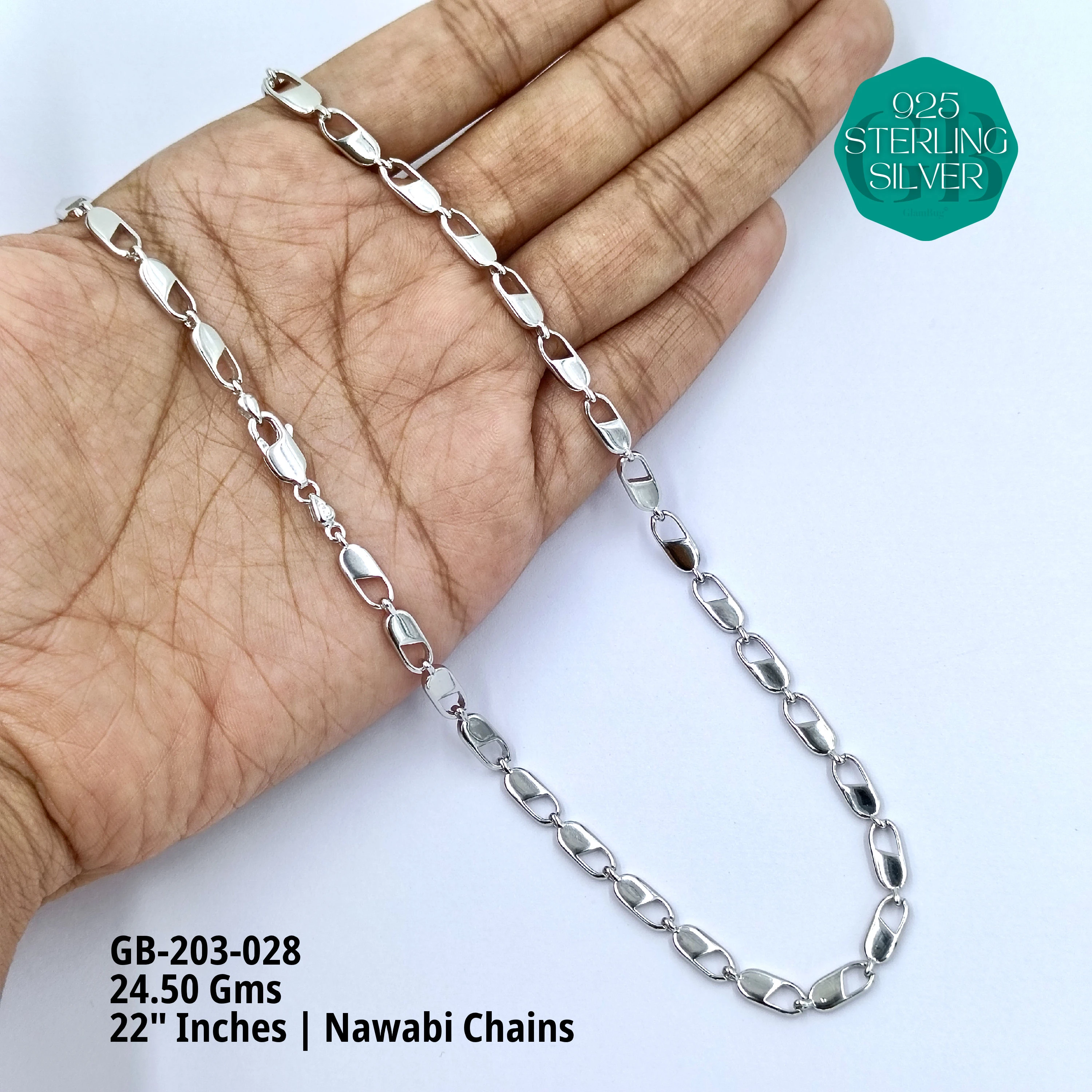 MEN'S NAWABI CHAIN LIGHT WEIGHT - Premium 925 Silver Jewellery - SKU: GB-203-028 - Hyderabad Silver Importers