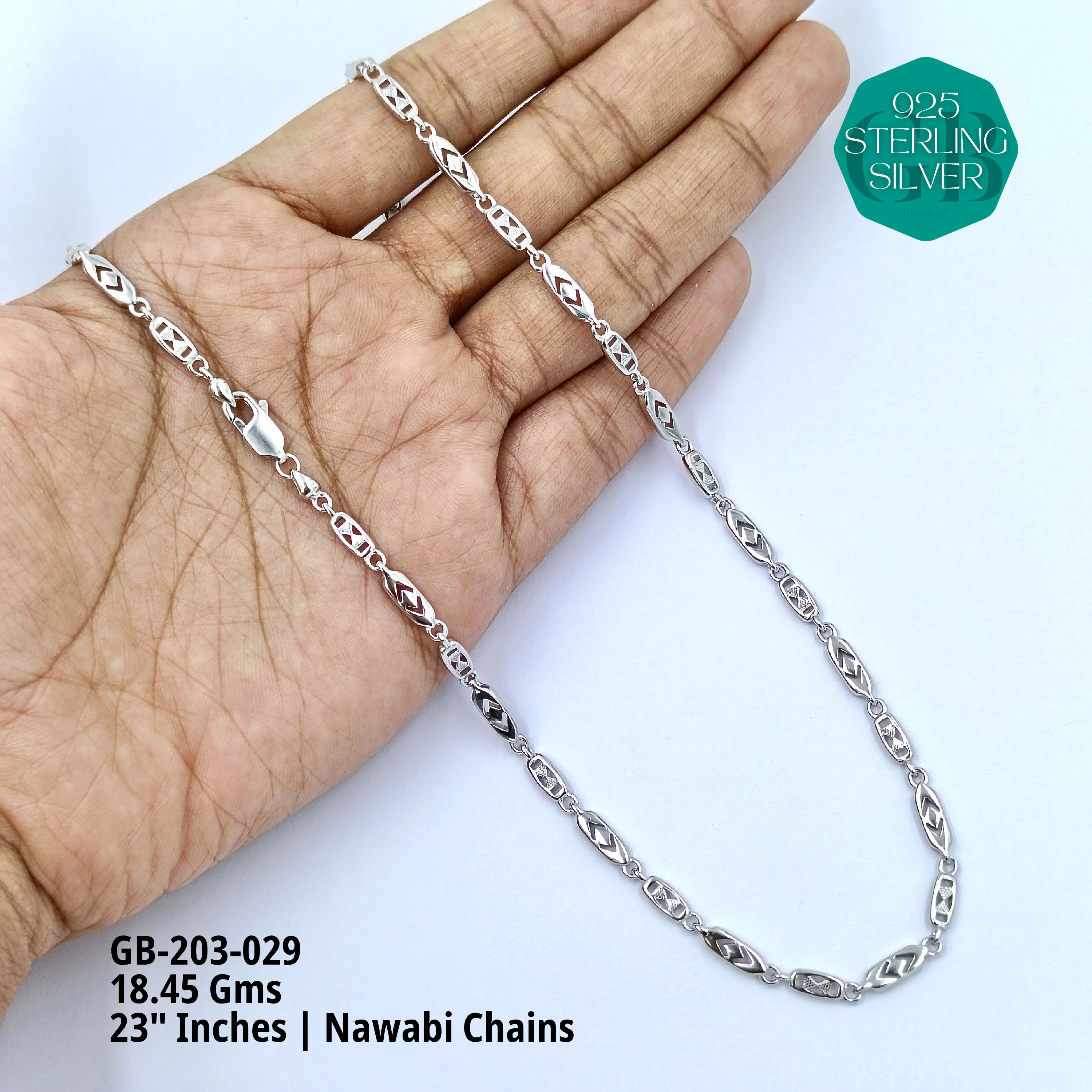 MEN'S NAWABI CHAIN LIGHT WEIGHT - Premium 925 Silver Jewellery - SKU: GB-203-029 - Hyderabad Silver Importers