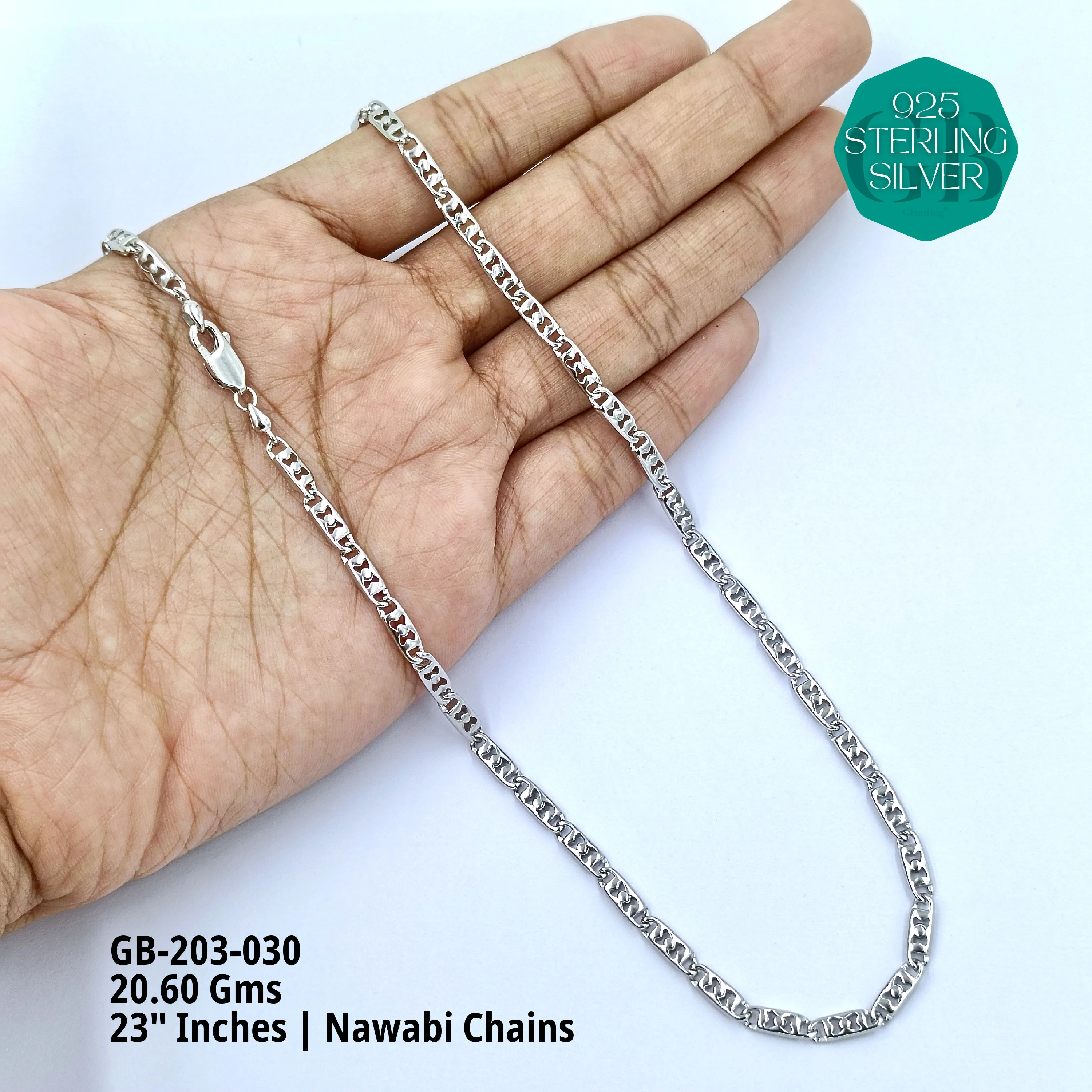 MEN'S NAWABI CHAIN LIGHT WEIGHT - Premium 925 Silver Jewellery - SKU: GB-203-030 - Hyderabad Silver Importers