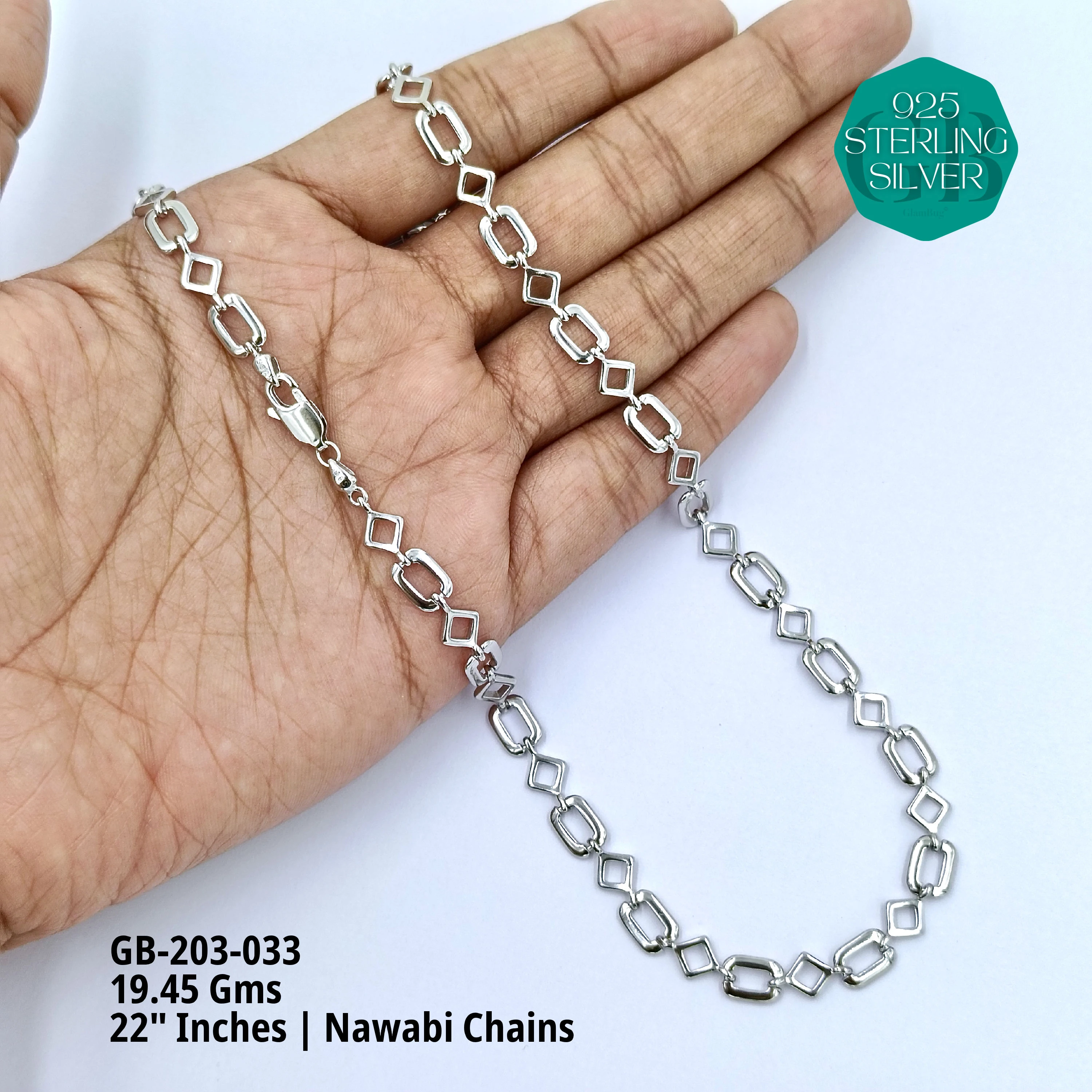 MEN'S NAWABI CHAIN LIGHT WEIGHT - Premium 925 Silver Jewellery - SKU: GB-203-033 - Hyderabad Silver Importers