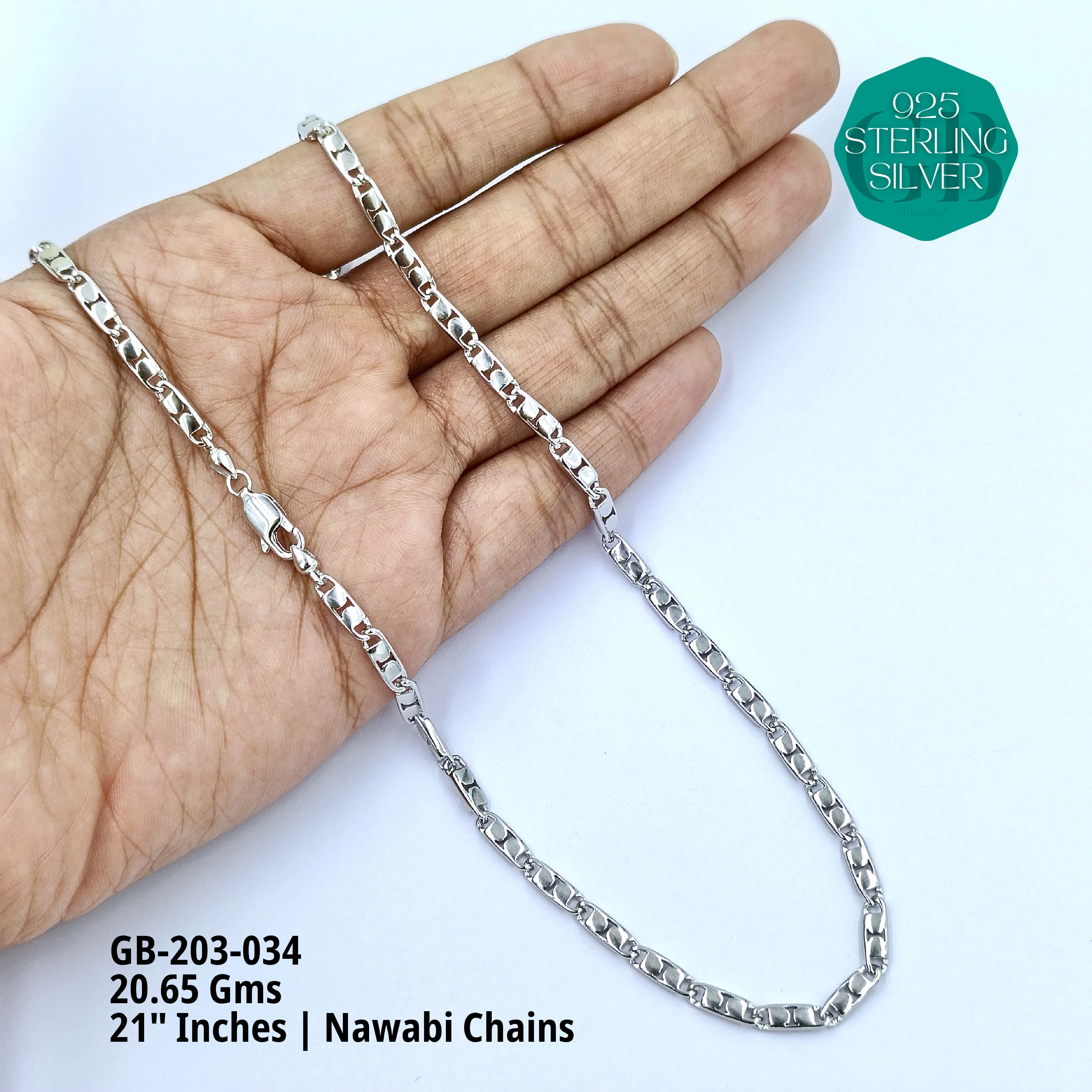 MEN'S NAWABI CHAIN LIGHT WEIGHT - Premium 925 Silver Jewellery - SKU: GB-203-034 - Hyderabad Silver Importers