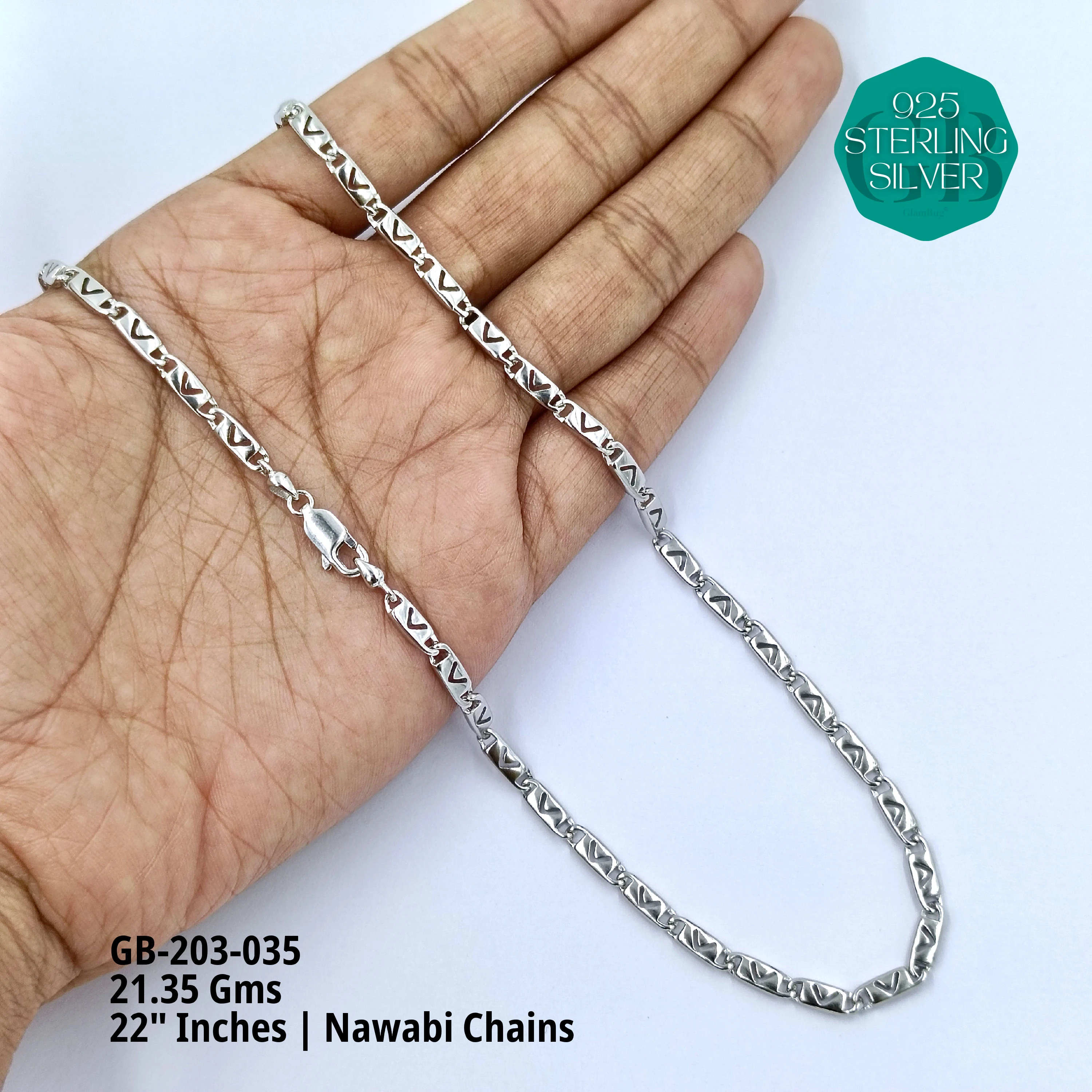 MEN'S NAWABI CHAIN LIGHT WEIGHT - Premium 925 Silver Jewellery - SKU: GB-203-035 - Hyderabad Silver Importers