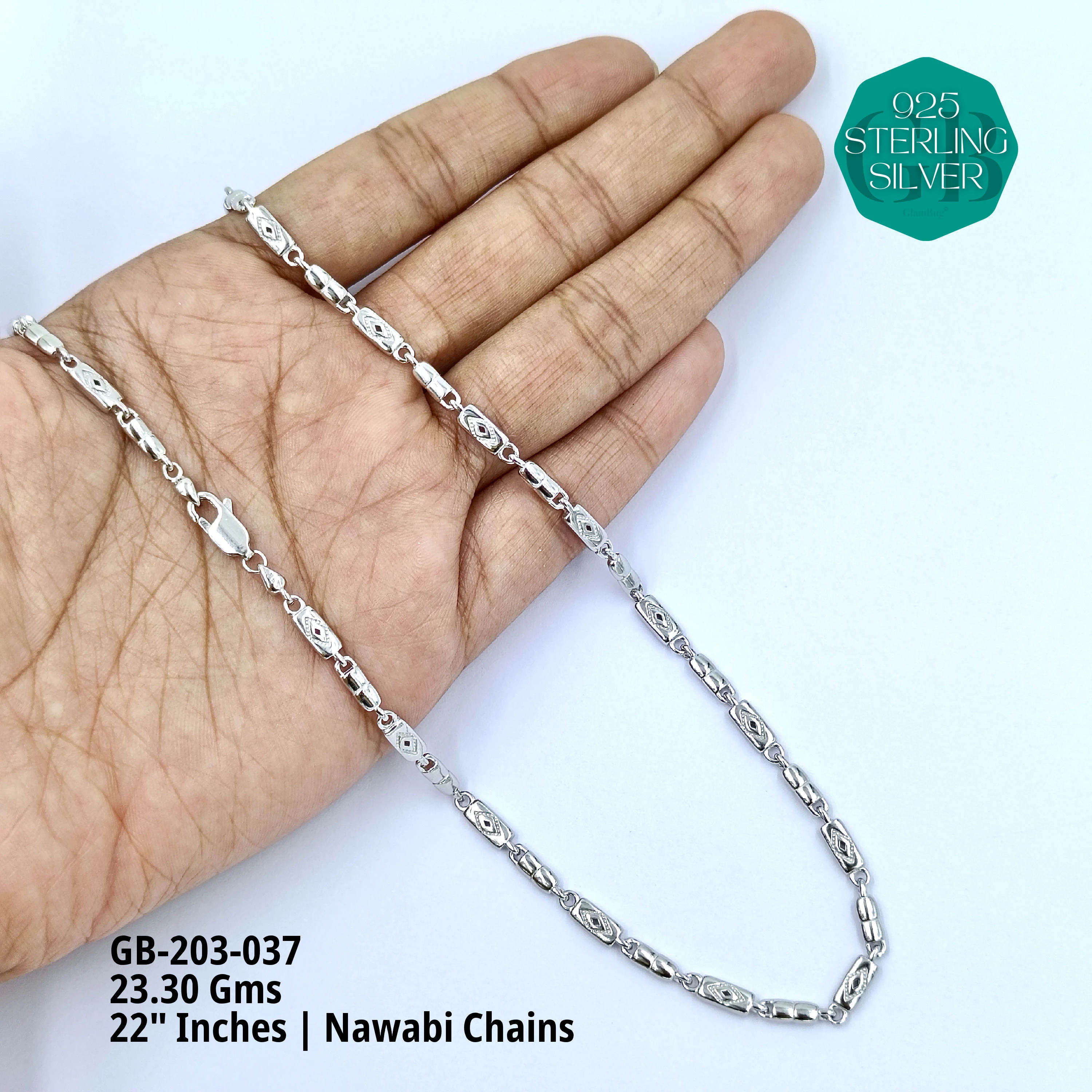 MEN'S NAWABI CHAIN LIGHT WEIGHT - Premium 925 Silver Jewellery - SKU: GB-203-037 - Hyderabad Silver Importers