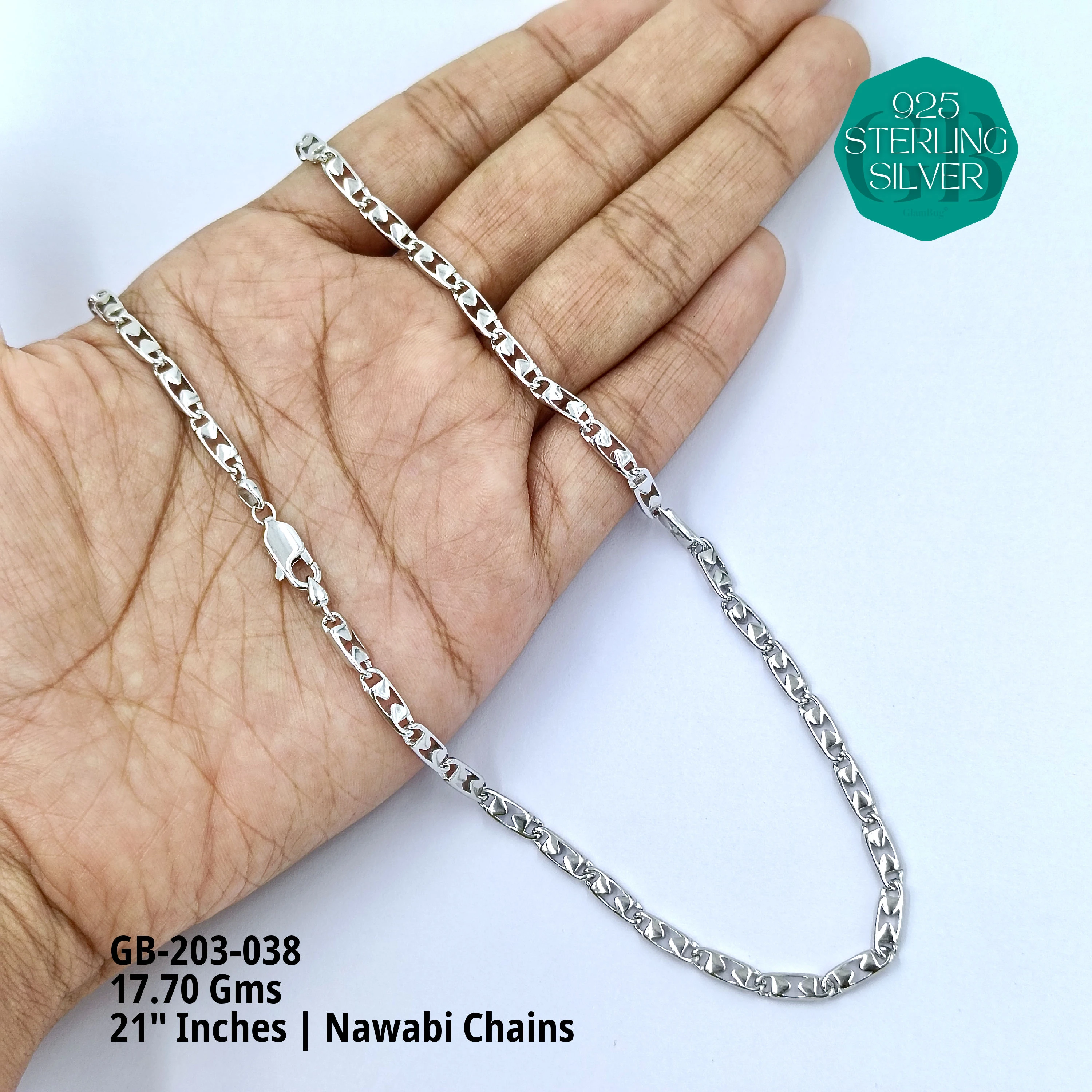 MEN'S NAWABI CHAIN LIGHT WEIGHT - Premium 925 Silver Jewellery - SKU: GB-203-038 - Hyderabad Silver Importers