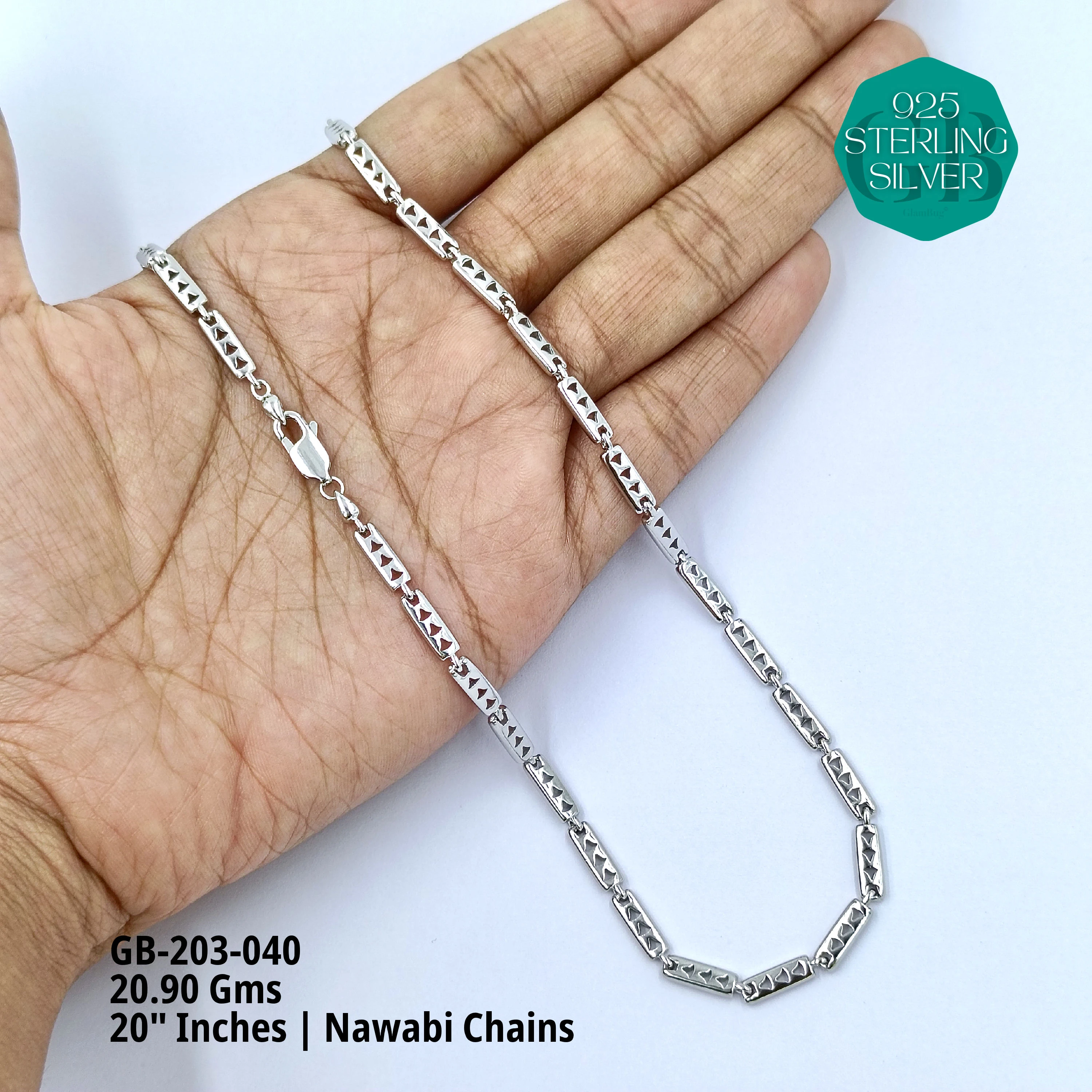 MEN'S NAWABI CHAIN LIGHT WEIGHT - Premium 925 Silver Jewellery - SKU: GB-203-040 - Hyderabad Silver Importers