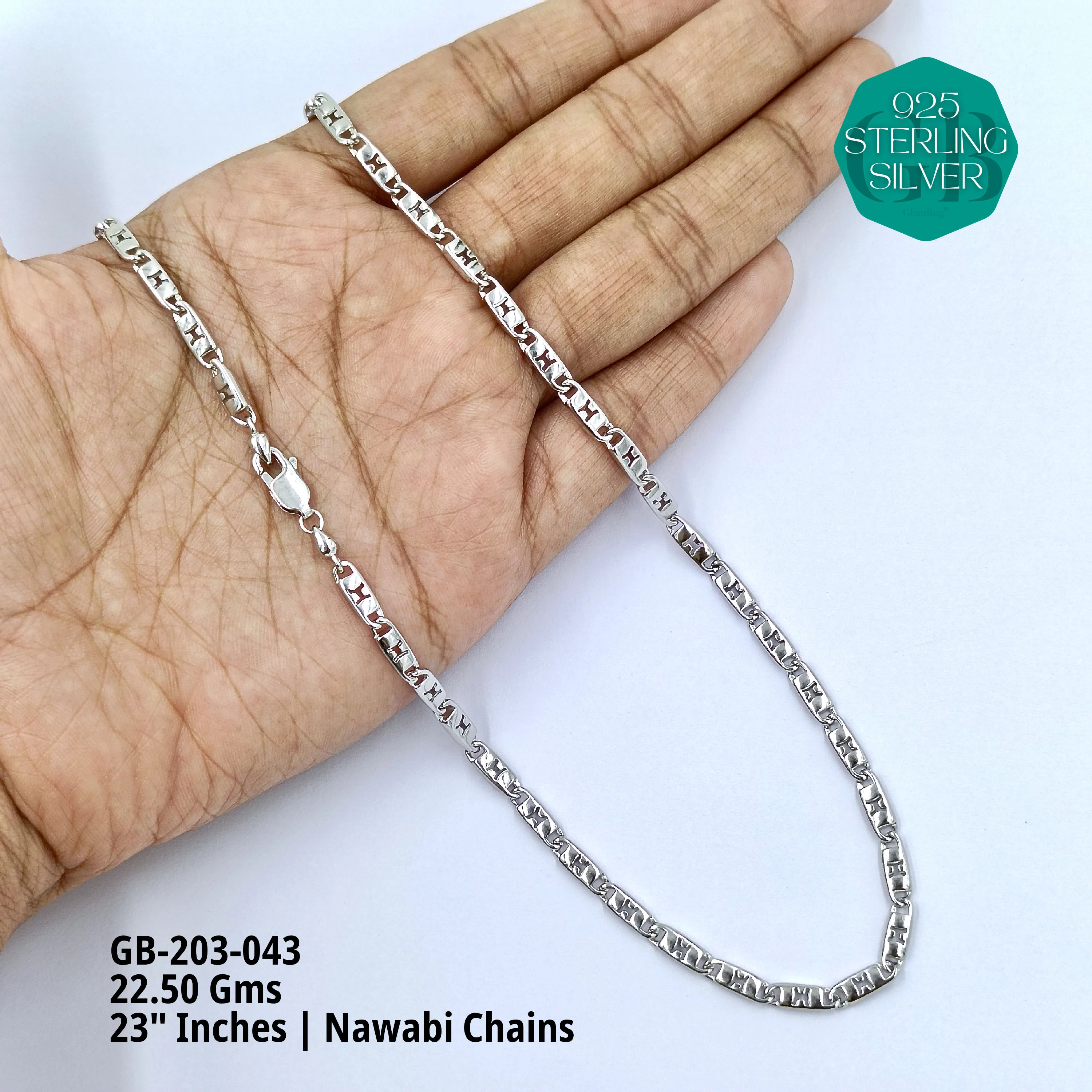 MEN'S NAWABI CHAIN LIGHT WEIGHT - Premium 925 Silver Jewellery - SKU: GB-203-043 - Hyderabad Silver Importers