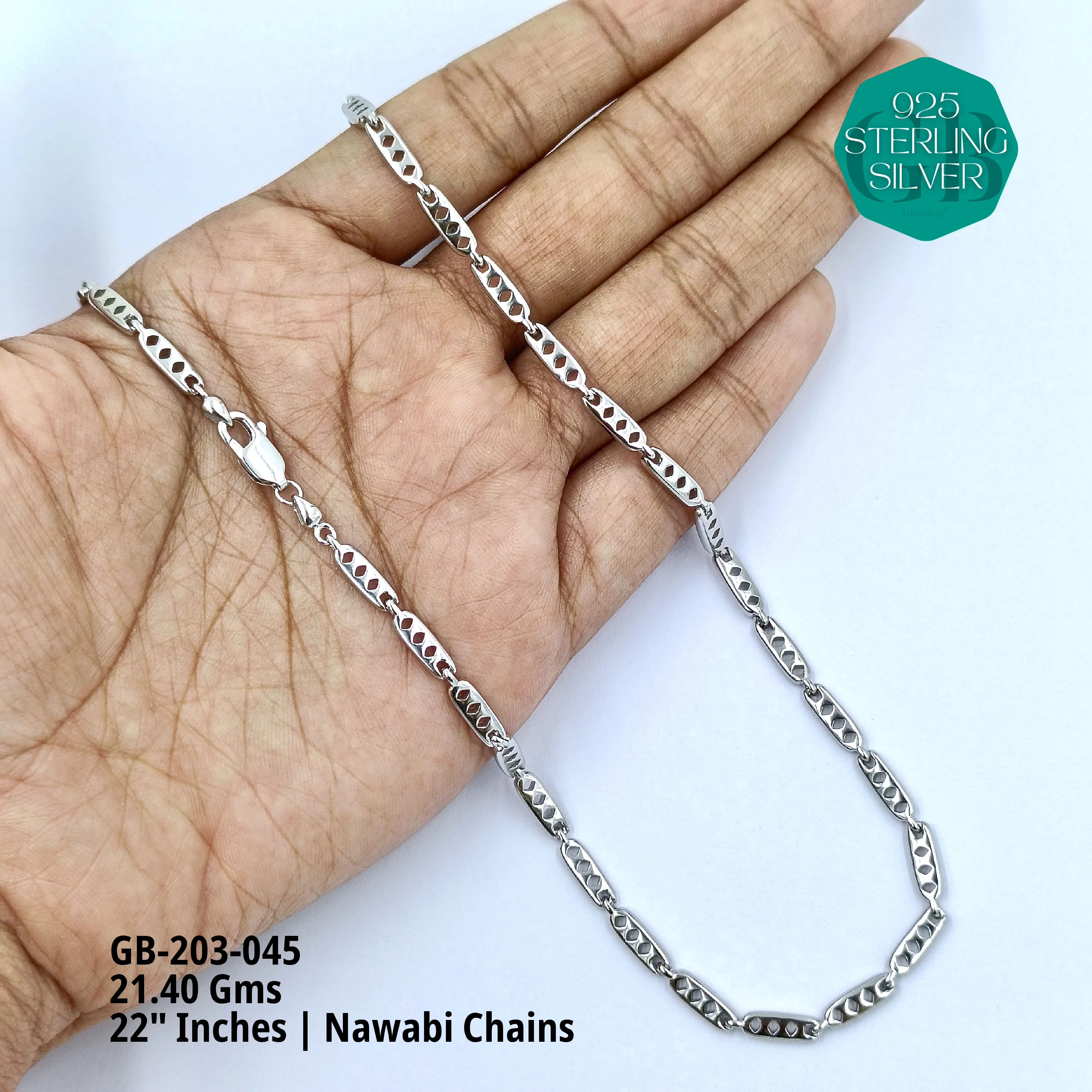 MEN'S NAWABI CHAIN LIGHT WEIGHT - Premium 925 Silver Jewellery - SKU: GB-203-045 - Hyderabad Silver Importers