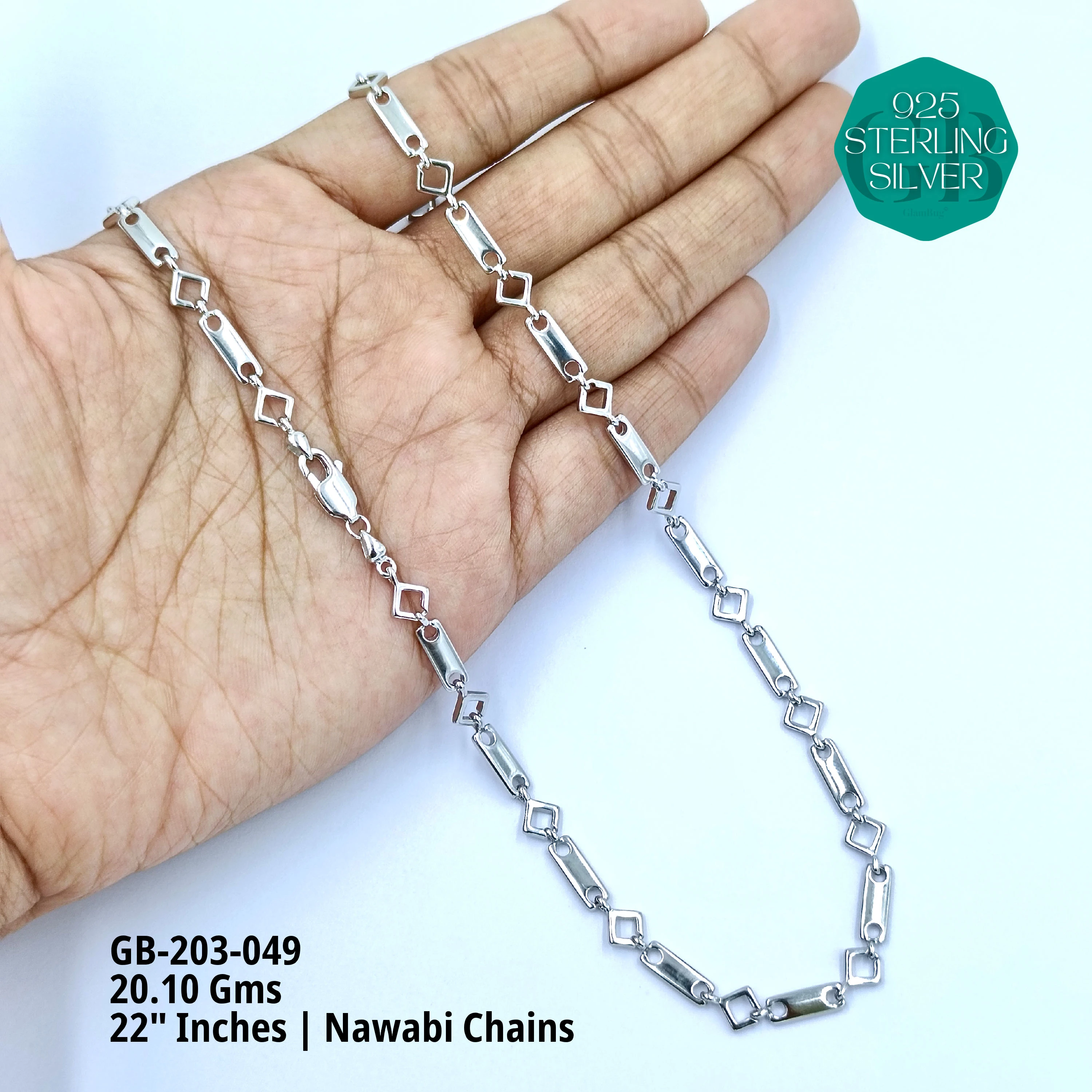 MEN'S NAWABI CHAIN LIGHT WEIGHT - Premium 925 Silver Jewellery - SKU: GB-203-049 - Hyderabad Silver Importers