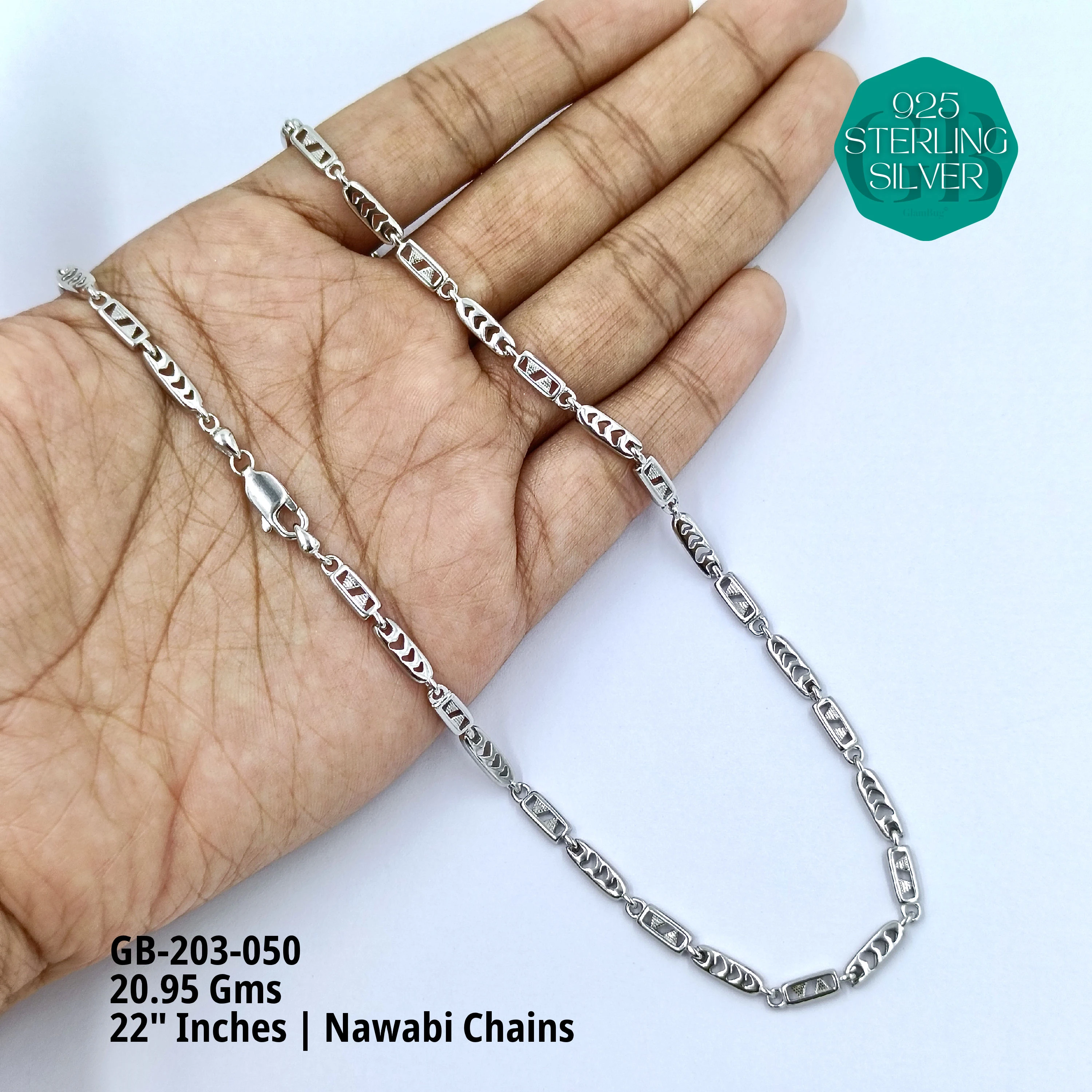 MEN'S NAWABI CHAIN LIGHT WEIGHT - Premium 925 Silver Jewellery - SKU: GB-203-050 - Hyderabad Silver Importers