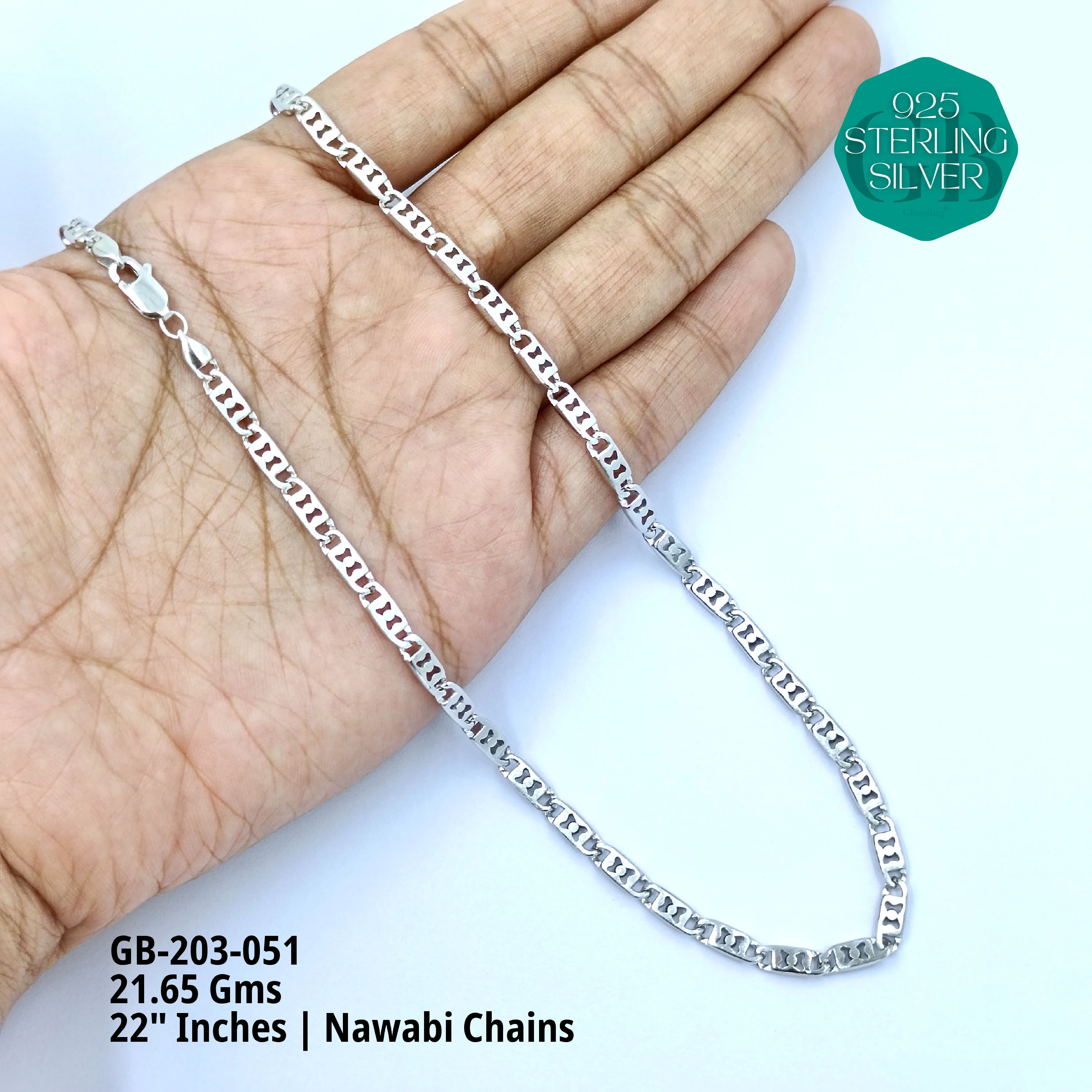 MEN'S NAWABI CHAIN LIGHT WEIGHT - Premium 925 Silver Jewellery - SKU: GB-203-051 - Hyderabad Silver Importers